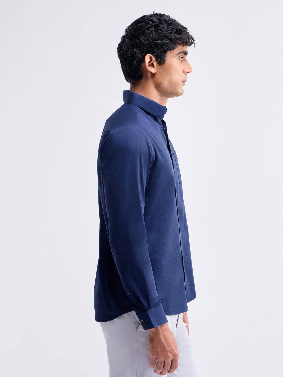 Solid Full Sleeve Cotton Stretch Shirt - Navy t4option_0