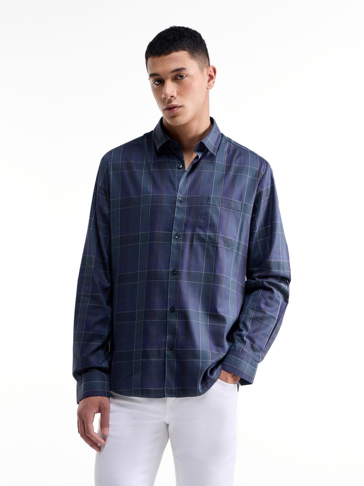 Check Full Sleeve Cotton Modal Shirt - Pine t4option_0