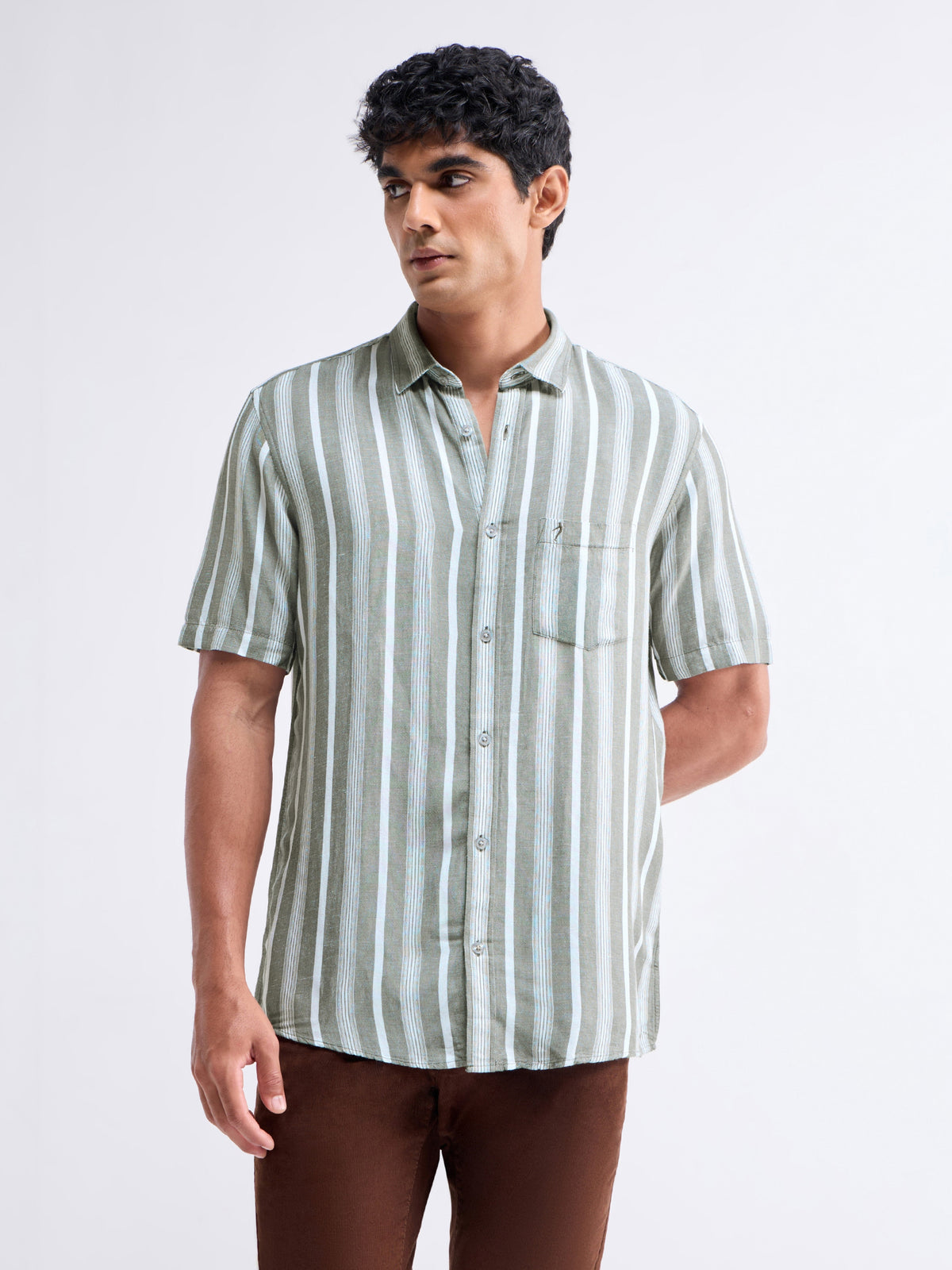 Striped Half Sleeve Viscose Linen Shirt - Sap t4option_0