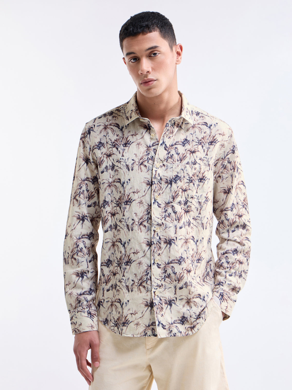 Printed Full Sleeve Cotton Linen Shirt - Choco t4option_0