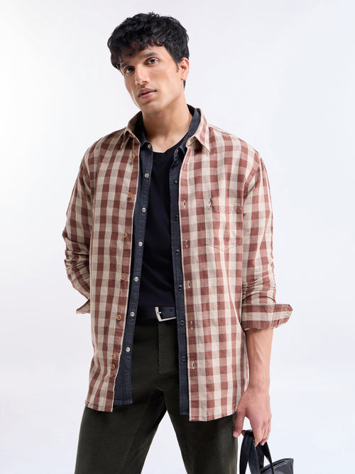 Check Full Sleeve Cotton Linen Shirt - Brown t4option_0