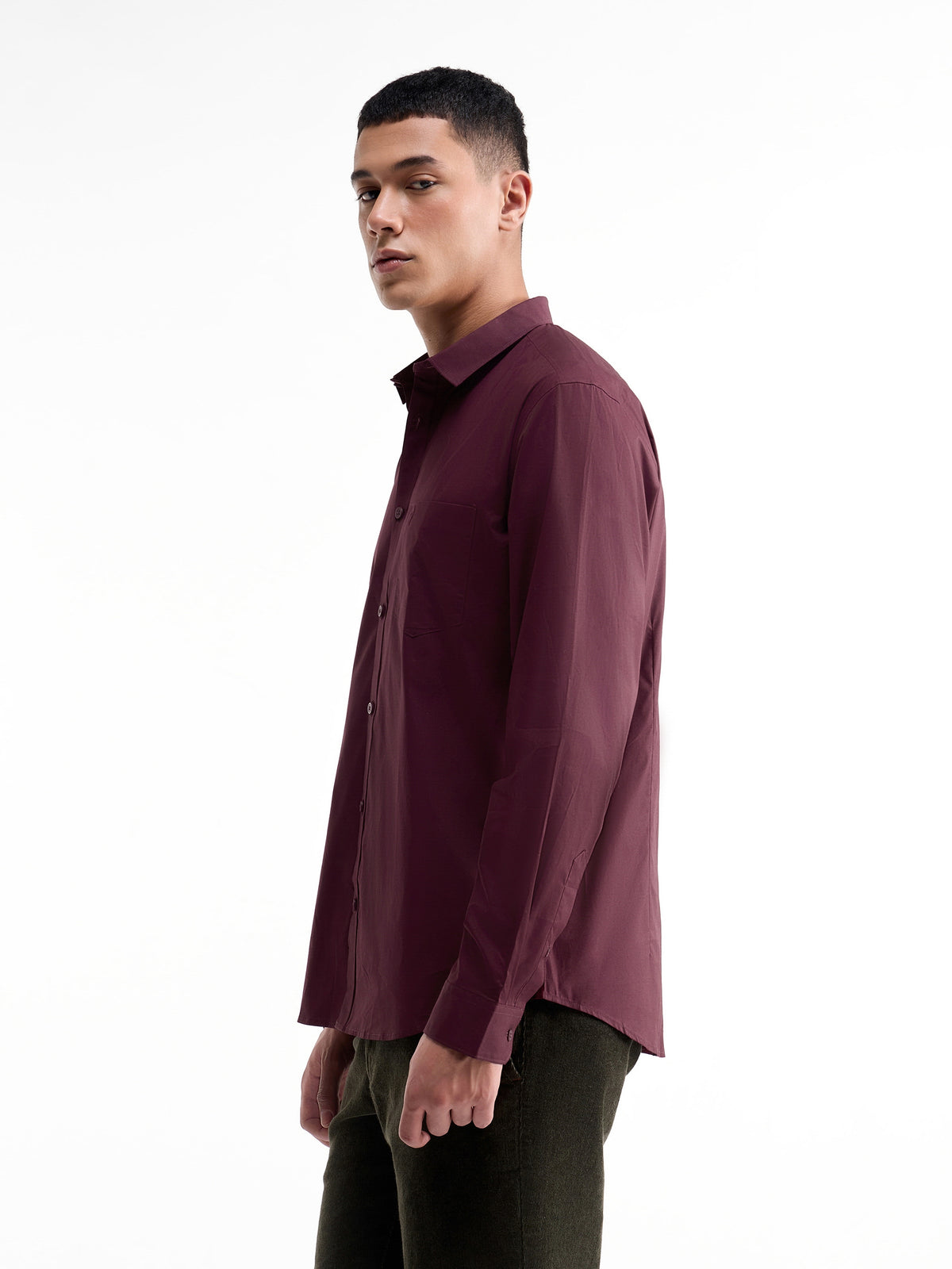 Solid Full Sleeve Cotton Stretch Shirt - Burgundy t4option_0