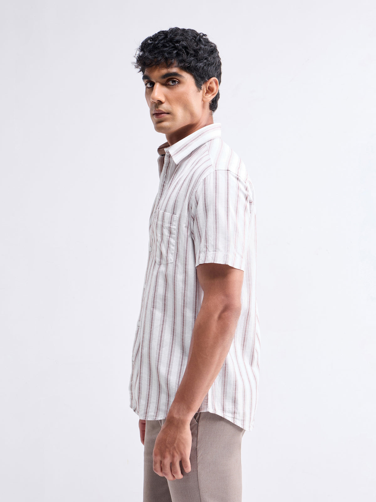Striped Half Sleeve Cotton Shirt - Khaki t4option_0