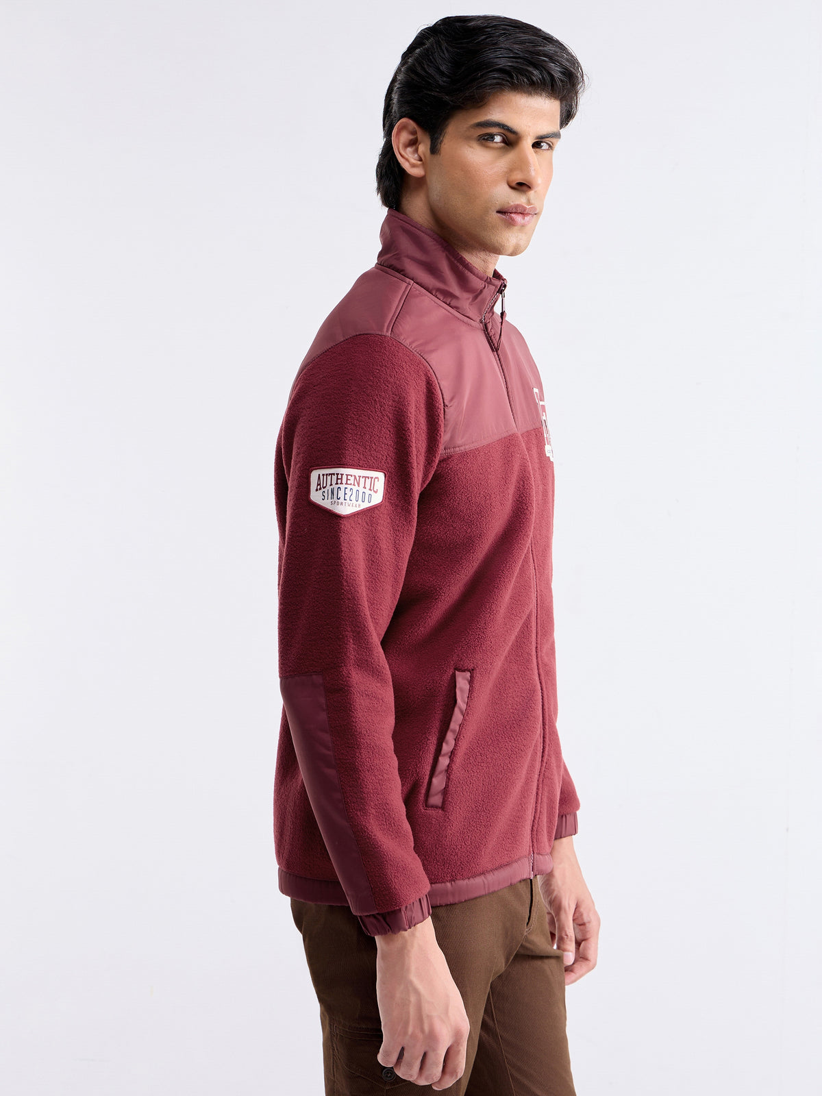 Colour Block High Neck Sweatshirt - Maroon t4option_0