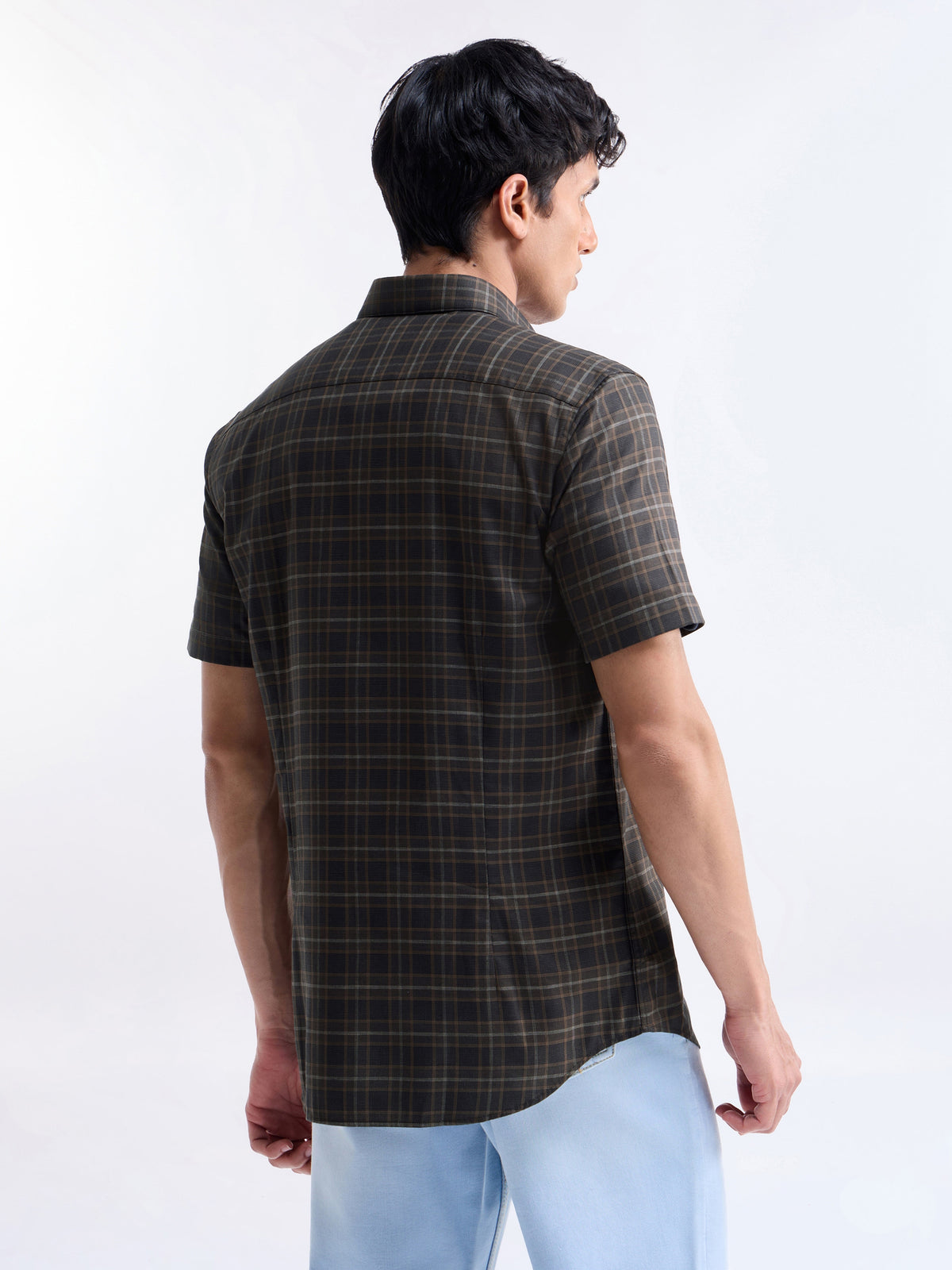 Check Half Sleeve Cotton Shirt - Brown t4option_0