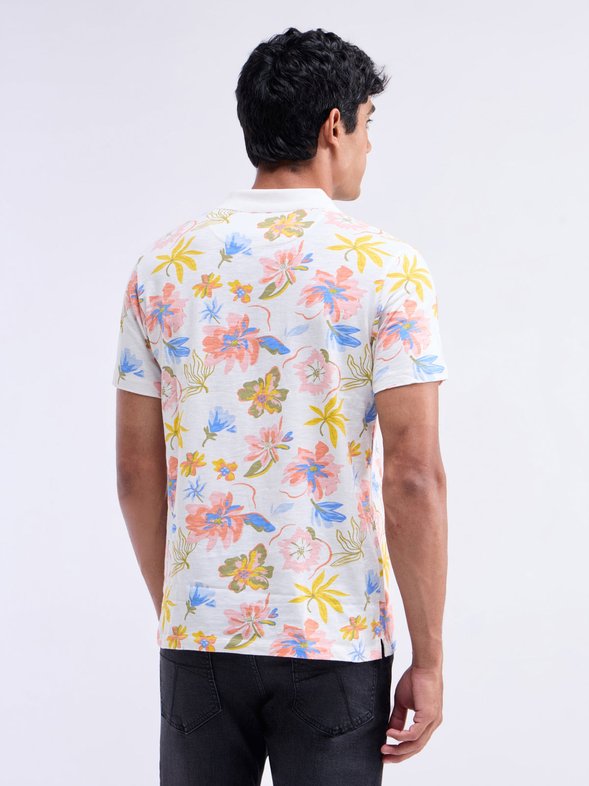 Printed Half Sleeve Regular Fit Polo T-Shirt - Off White t4option_0