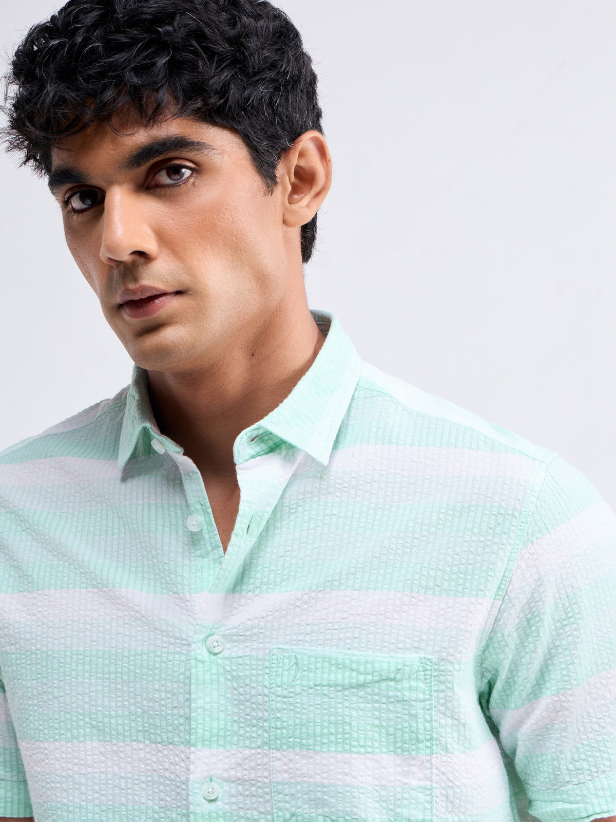 Striped Half Sleeve Cotton Shirt - Aqua t4option_0