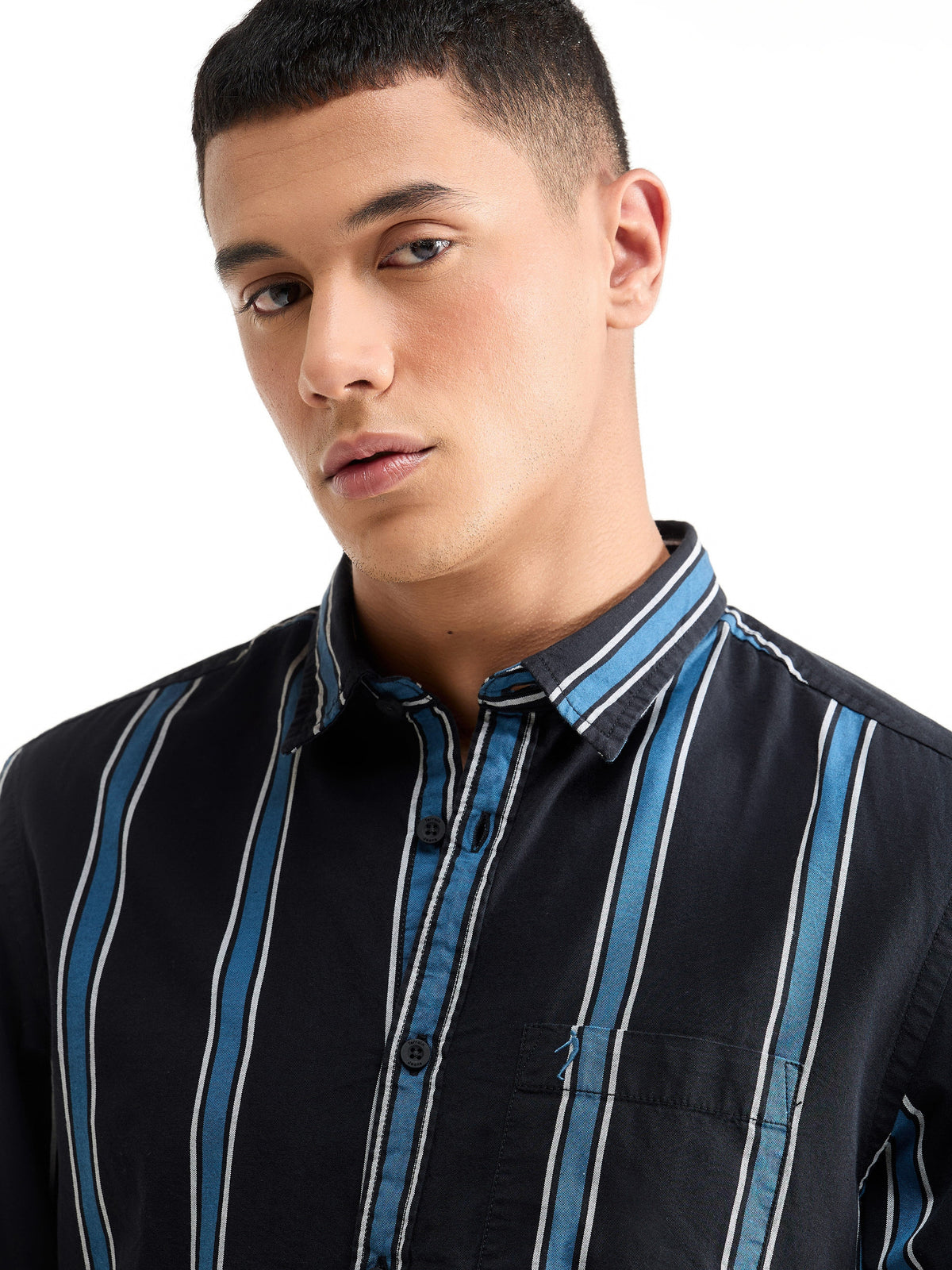 Striped Full Sleeve Cotton Shirt - Black t4option_0
