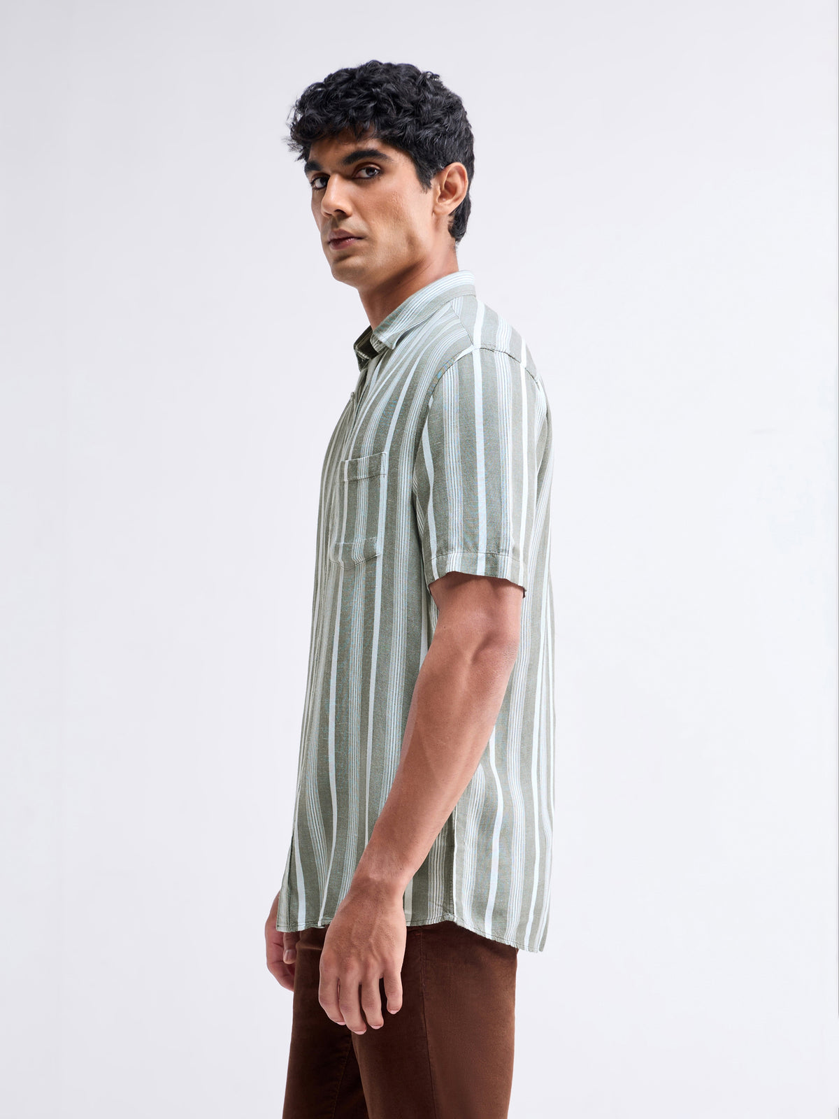Striped Half Sleeve Viscose Linen Shirt - Sap t4option_0