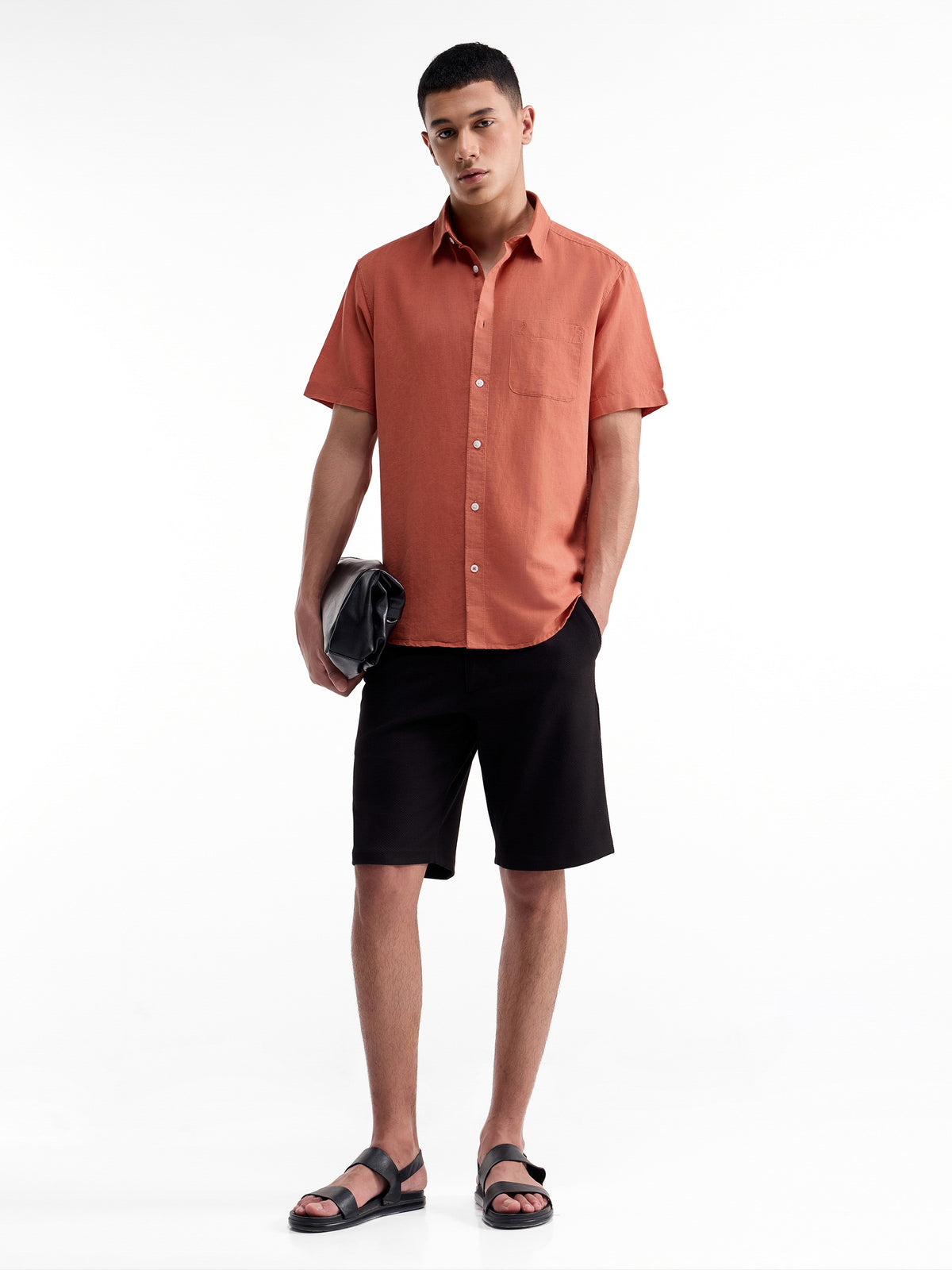 Solid Half Sleeve Cotton Linen Shirt - Rust t4option_4