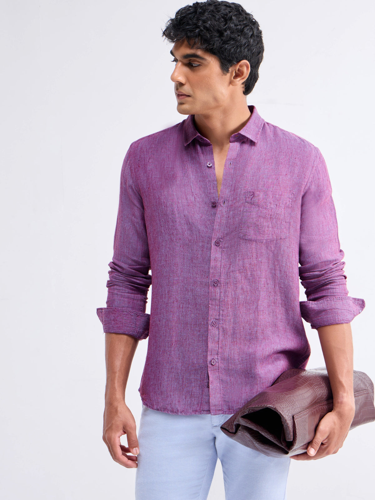 Solid Full Sleeve Linen Shirt - Purple t4option_1