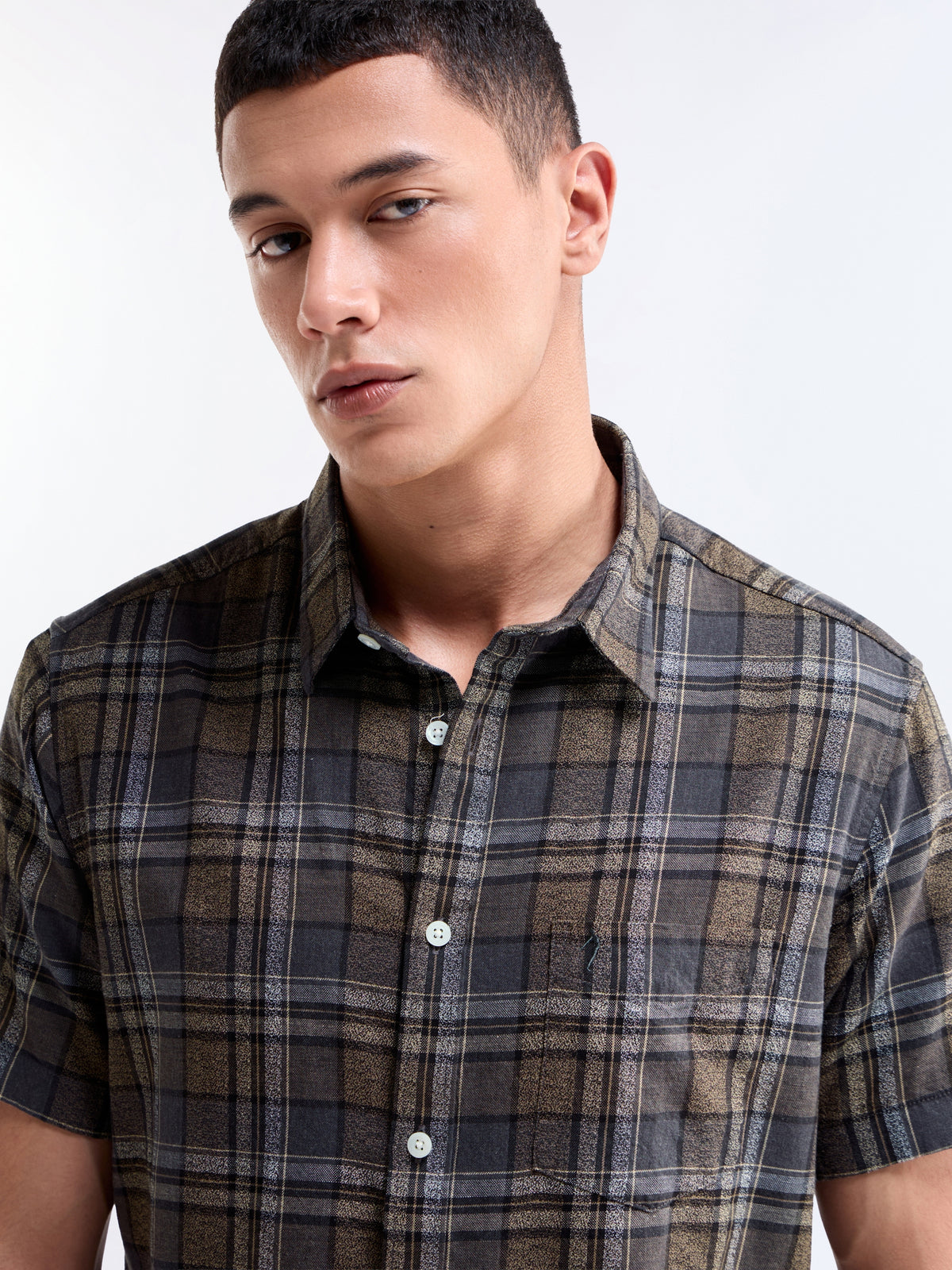 Check Half Sleeve Cotton Shirt - Brown t4option_0