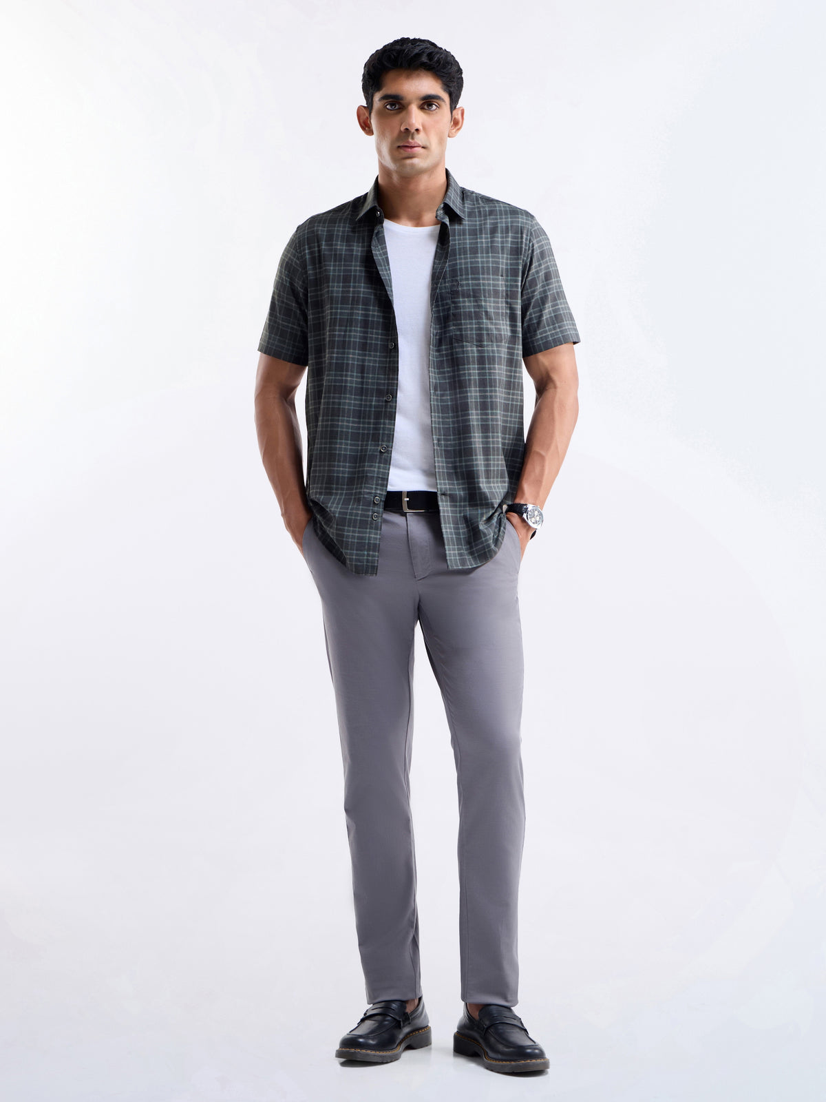 Check Half Sleeve Cotton Shirt - Dark Grey t4option_1