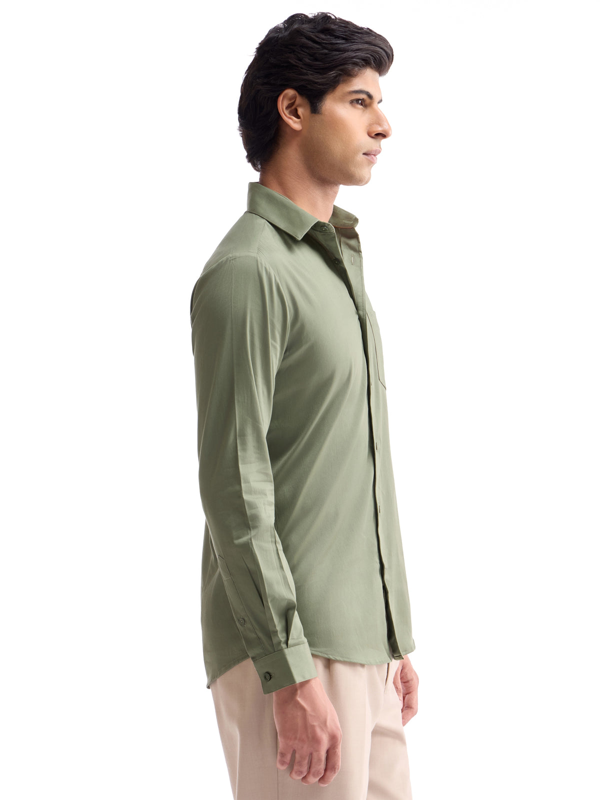 Solid Full Sleeve Cotton Stretch Shirt - Lt Olive t4option_0