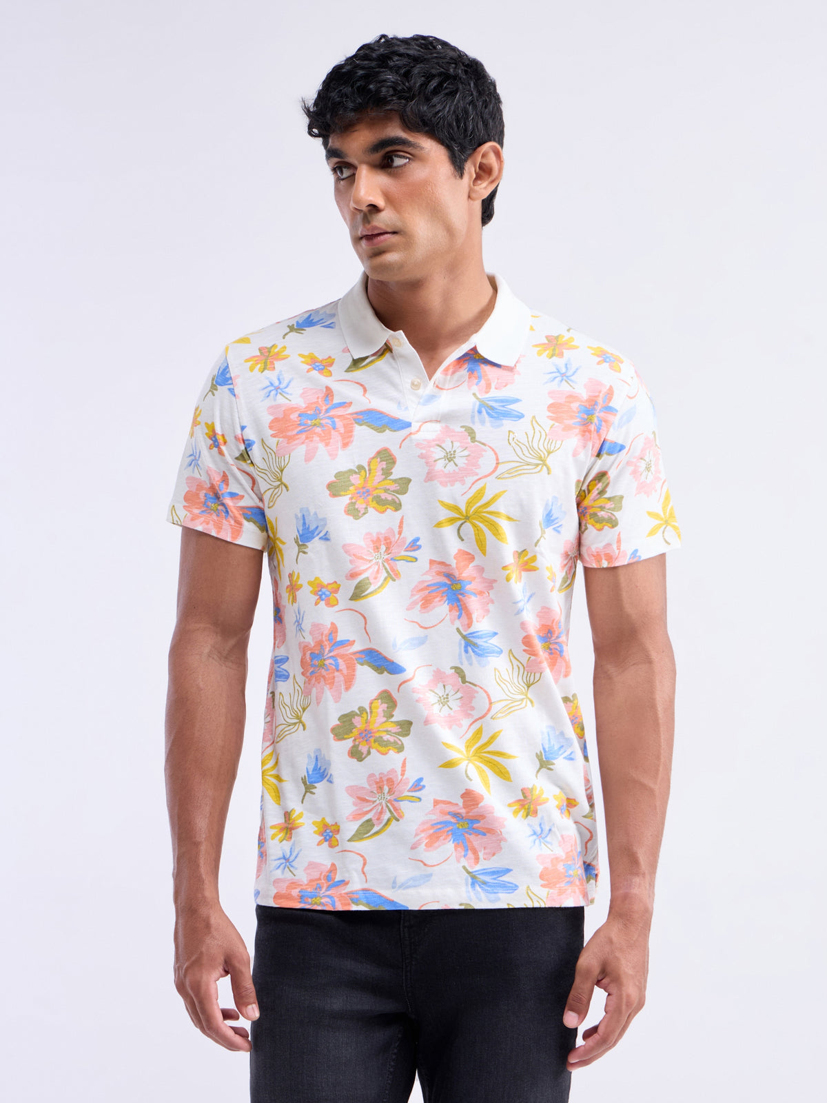 Printed Half Sleeve Regular Fit Polo T-Shirt - Off White t4option_0