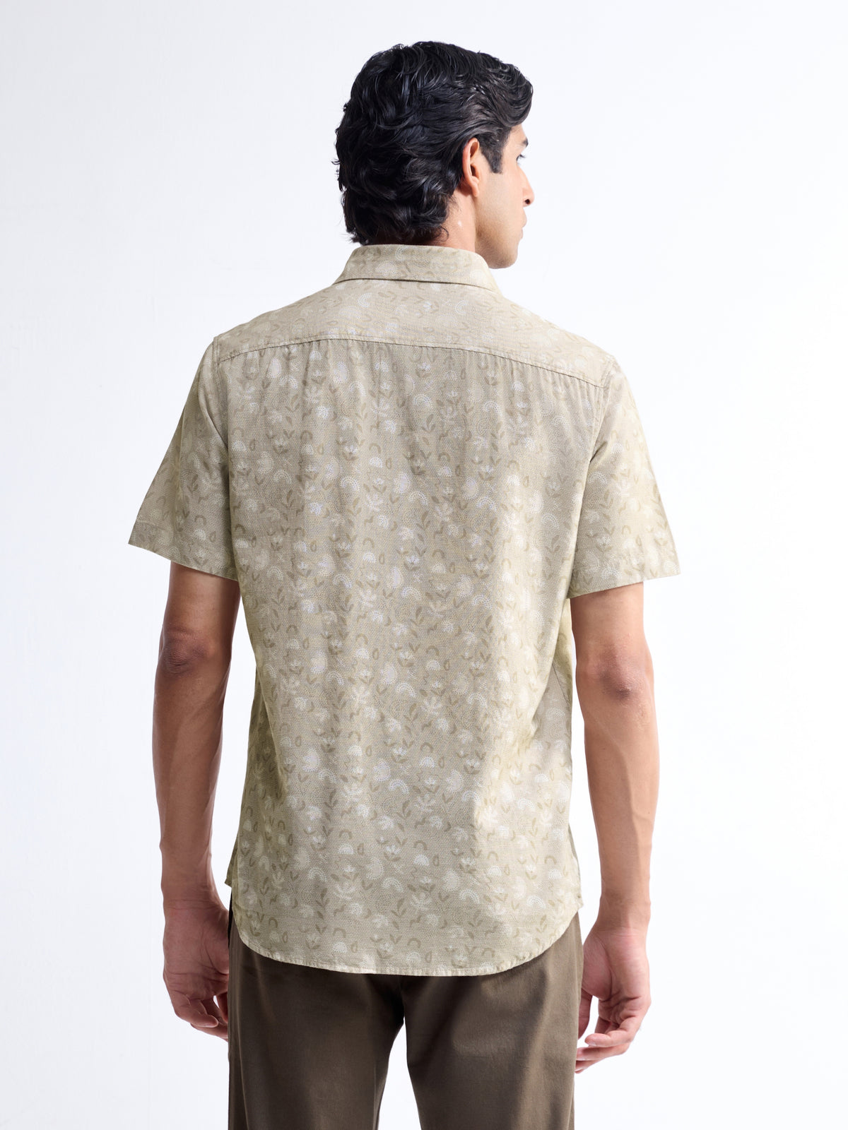 Printed Half Sleeve Cotton Linen Shirt - Khaki t4option_0