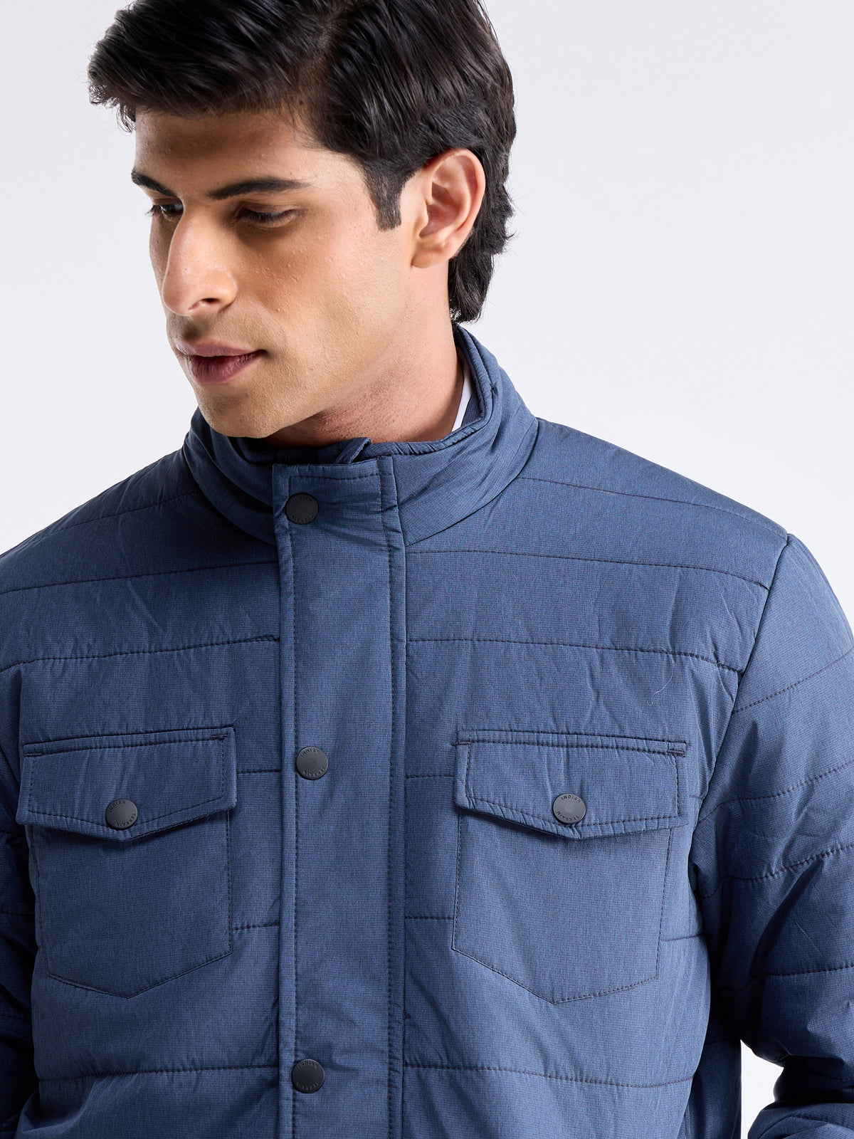 Textured Full Sleeve Biker Jacket - Navy t4option_0