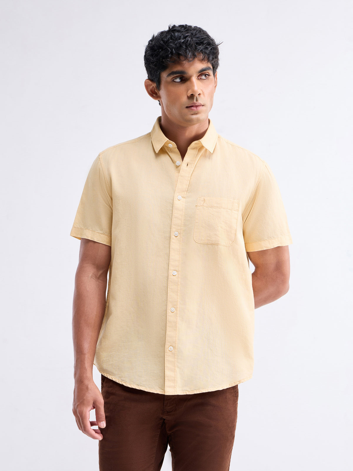 Solid Half Sleeve Cotton Linen Shirt - Khaki t4option_1