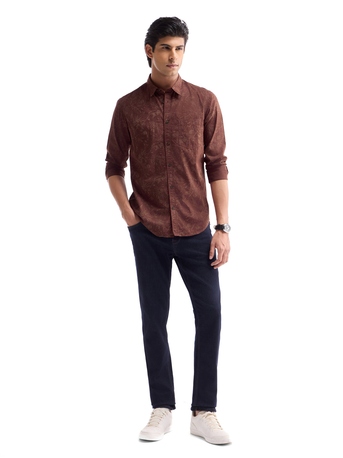 Printed Full Sleeve Cotton Shirt - Brown t4option_1