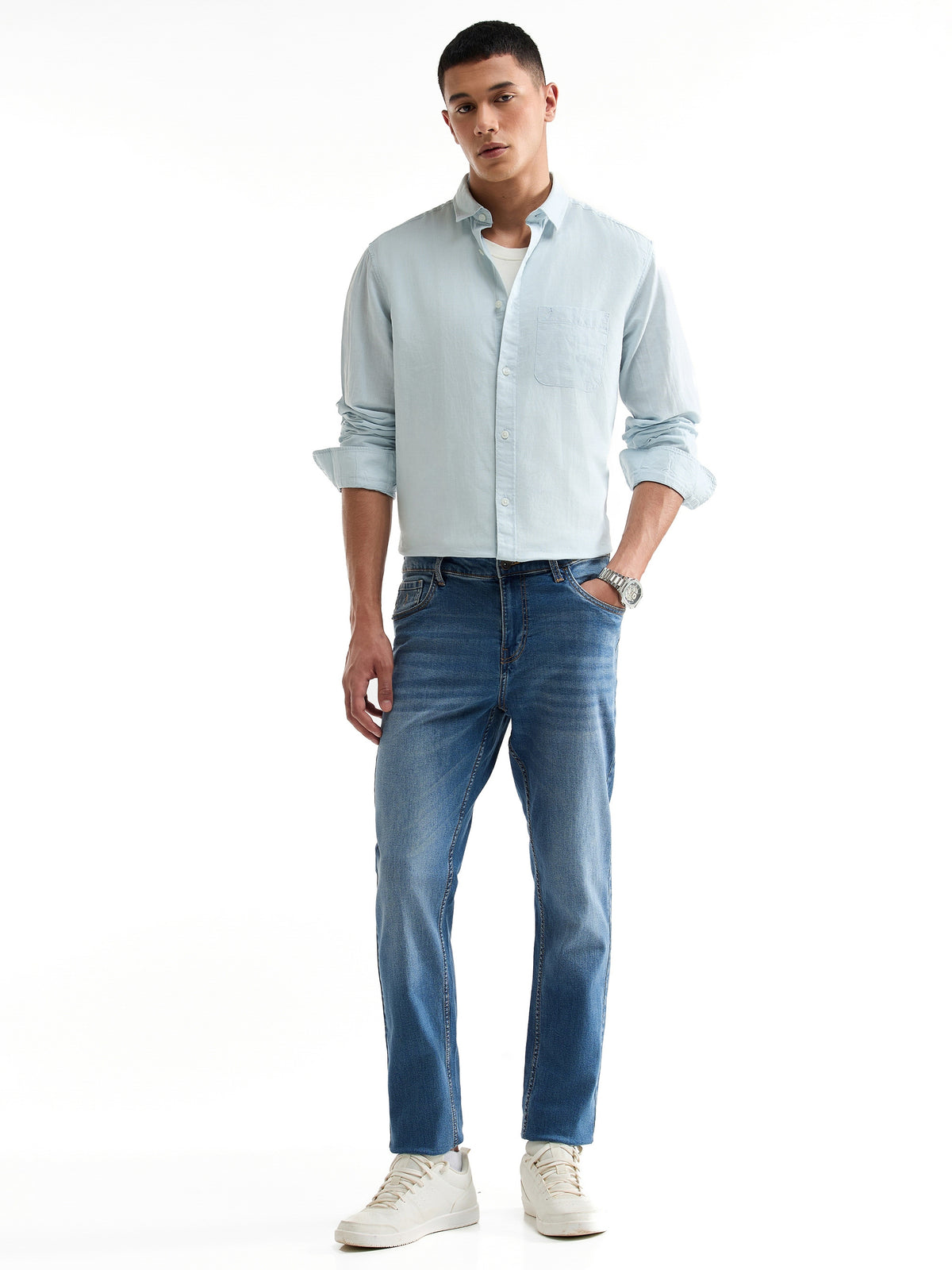 Solid Full Sleeve Cotton Blend Shirt - Sky t4option_0