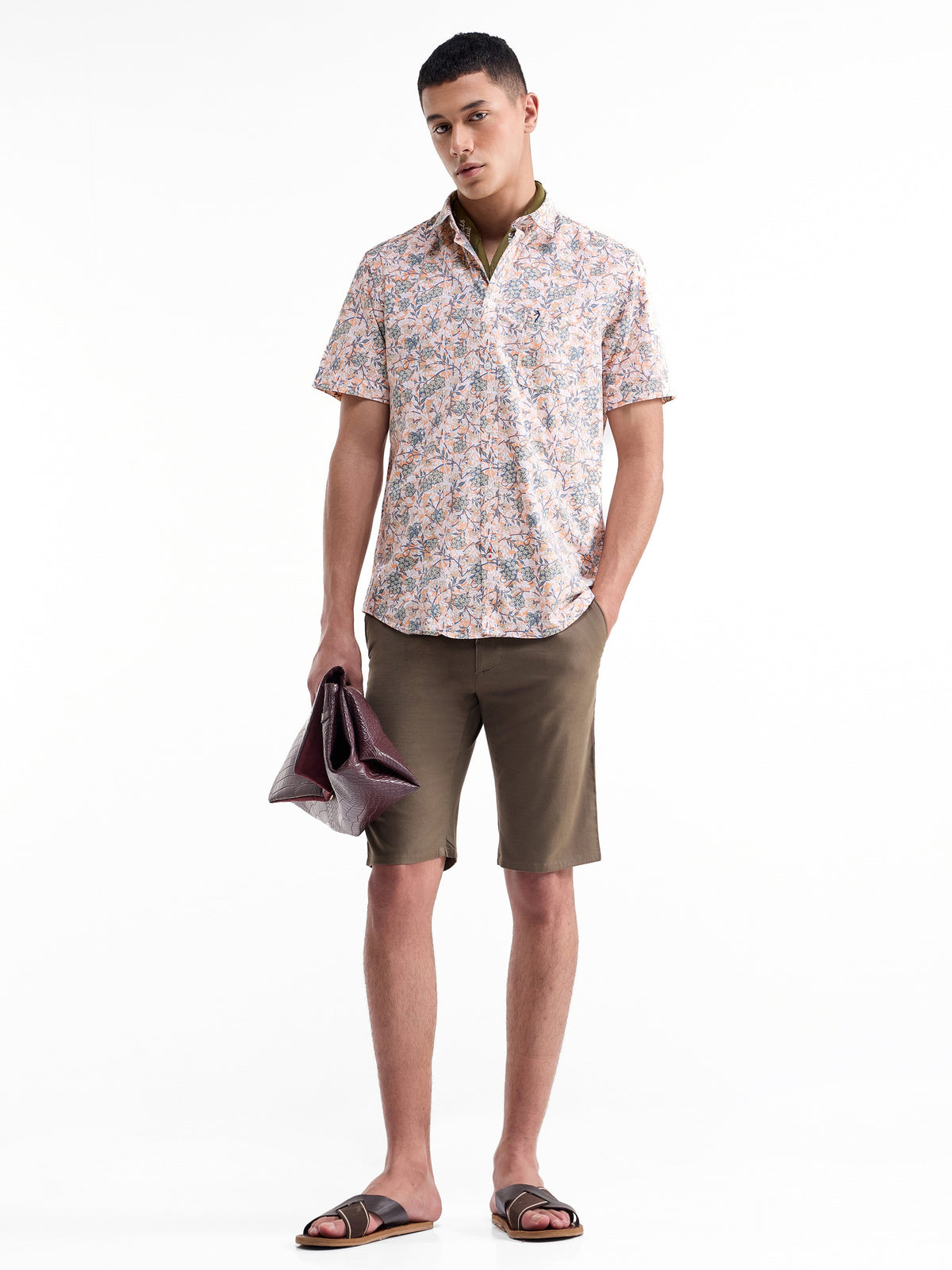 Printed Half Sleeve Cotton Shirt - Peach t4option_1