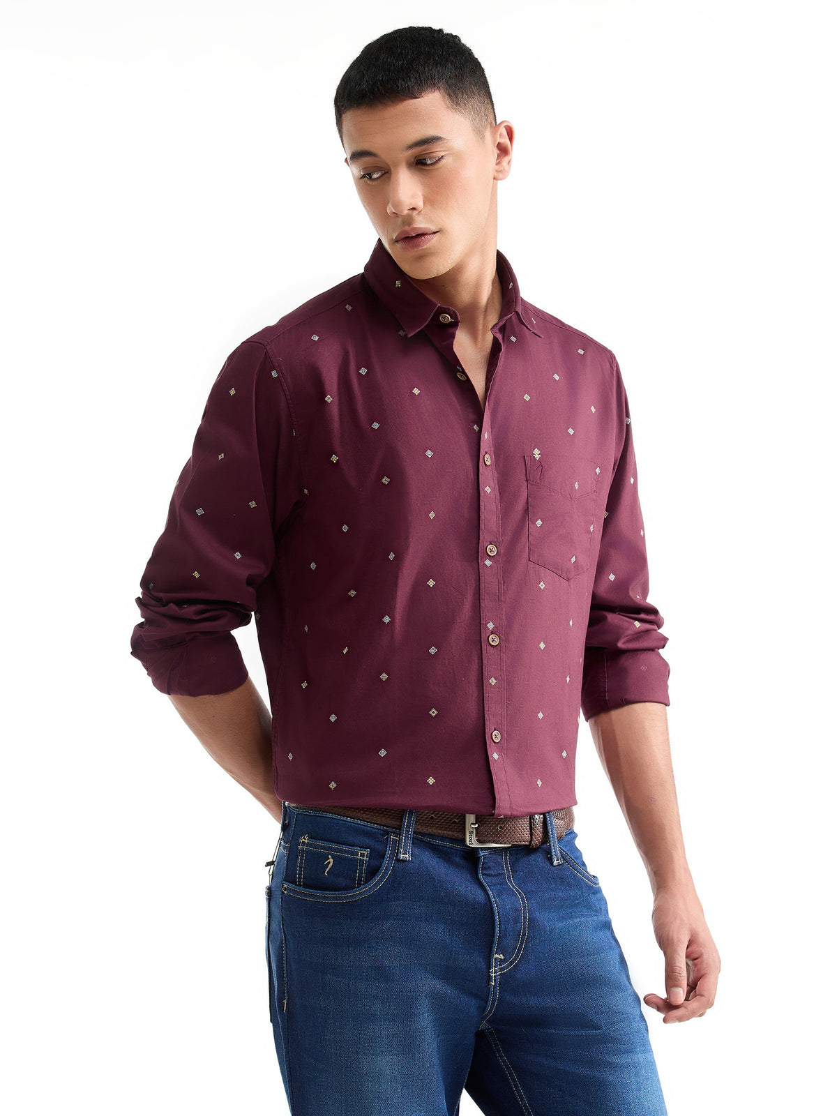 Printed Full Sleeve Cotton Shirt - Maroon t4option_0