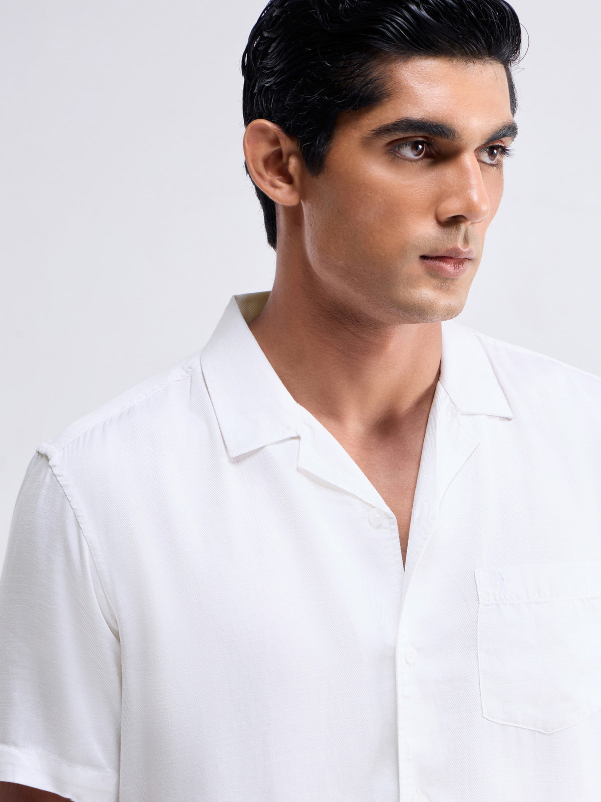 Solid Half Sleeve Tencel Rayon Linen Shirt - White t4option_0