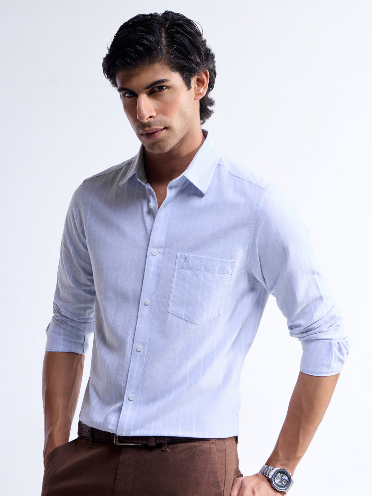Striped Full Sleeve Cotton Shirt - Light Sky t4option_0