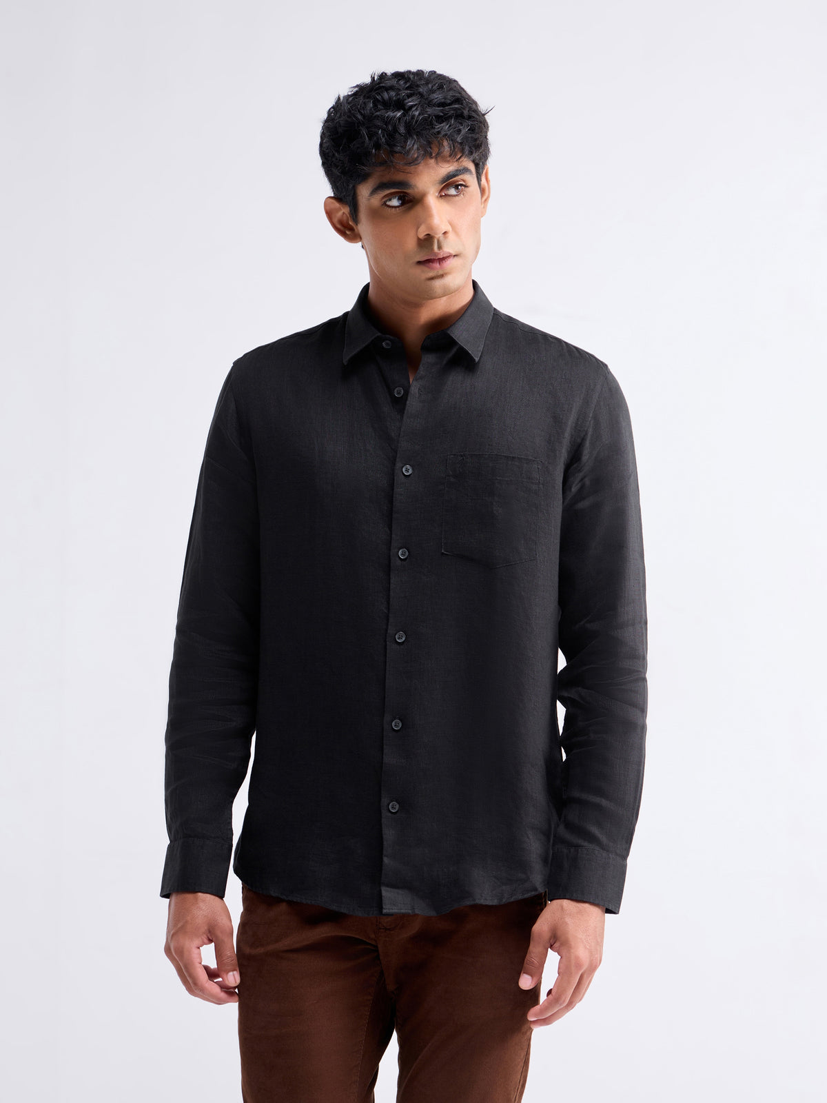 Solid Full Sleeve Linen Shirt - Black t4option_1
