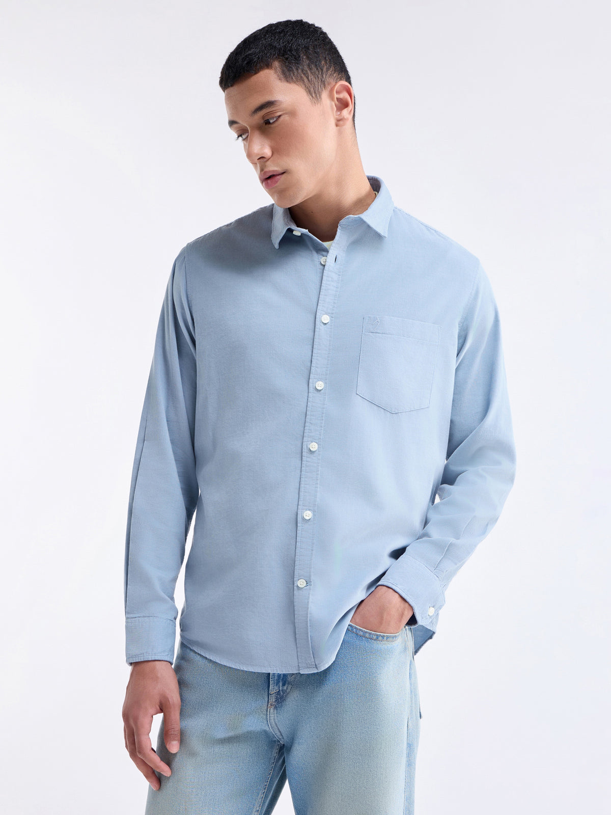 Solid Full Sleeve Cotton Tencel Shirt - Dusty Blue t4option_1