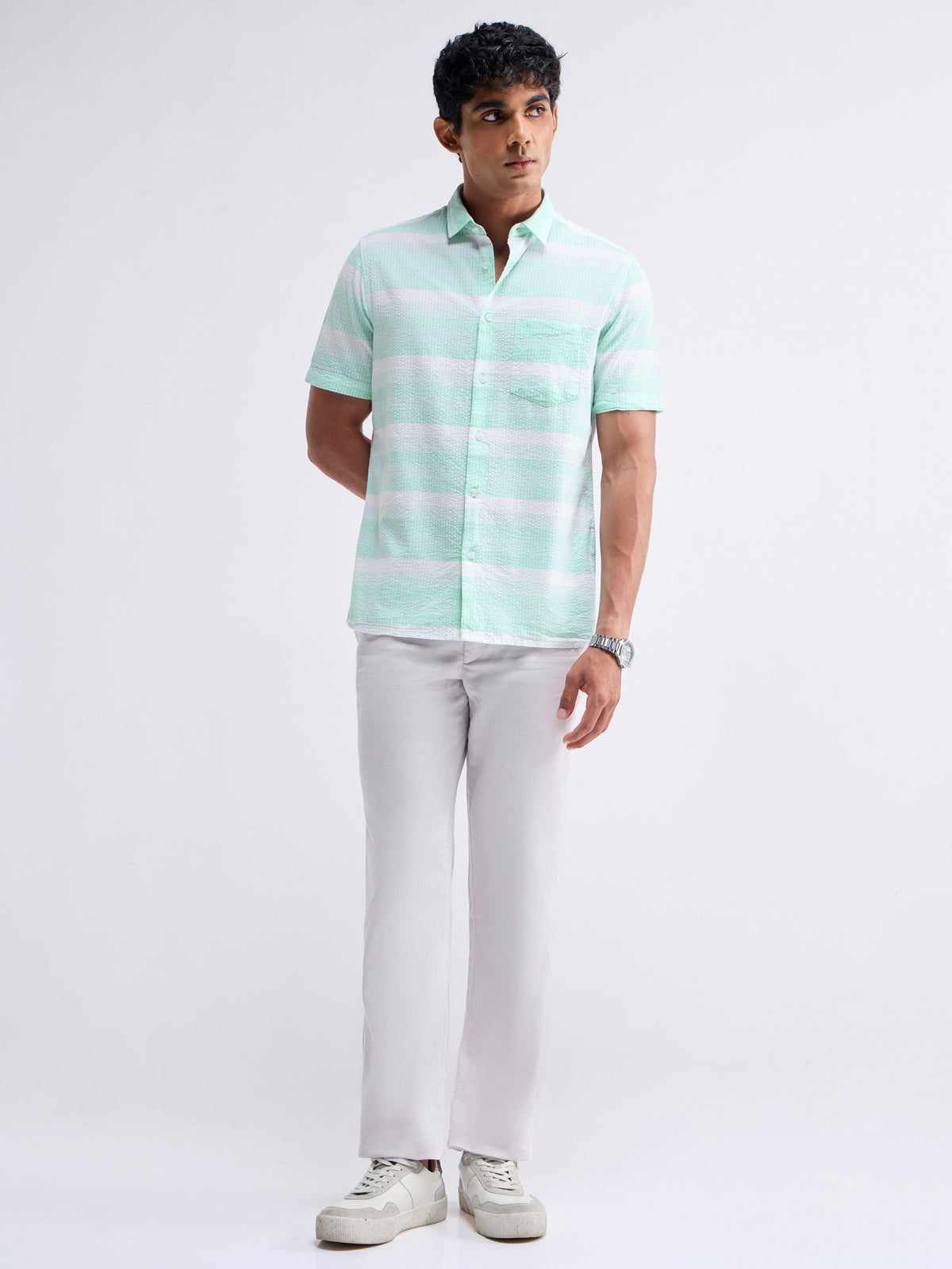Striped Half Sleeve Cotton Shirt - Aqua t4option_0