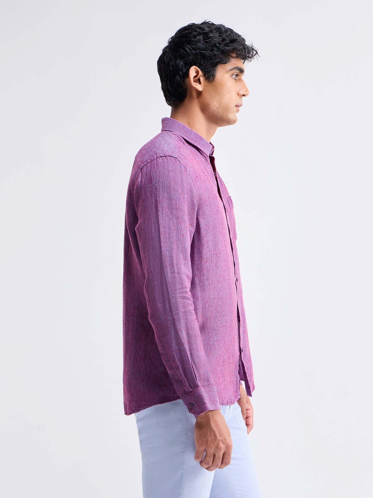 Solid Full Sleeve Linen Shirt - Purple t4option_1