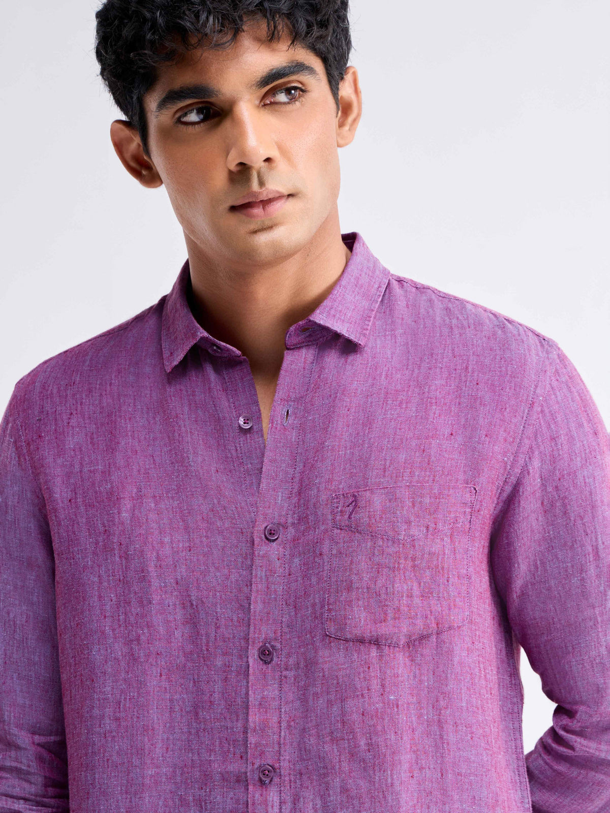 Solid Full Sleeve Linen Shirt - Purple t4option_1