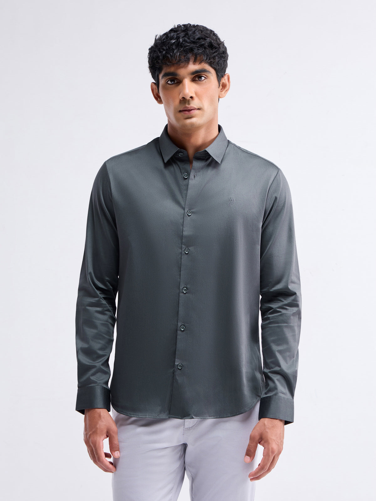 Solid Full Sleeve Cotton Stretch Shirt - Dk Grey t4option_0
