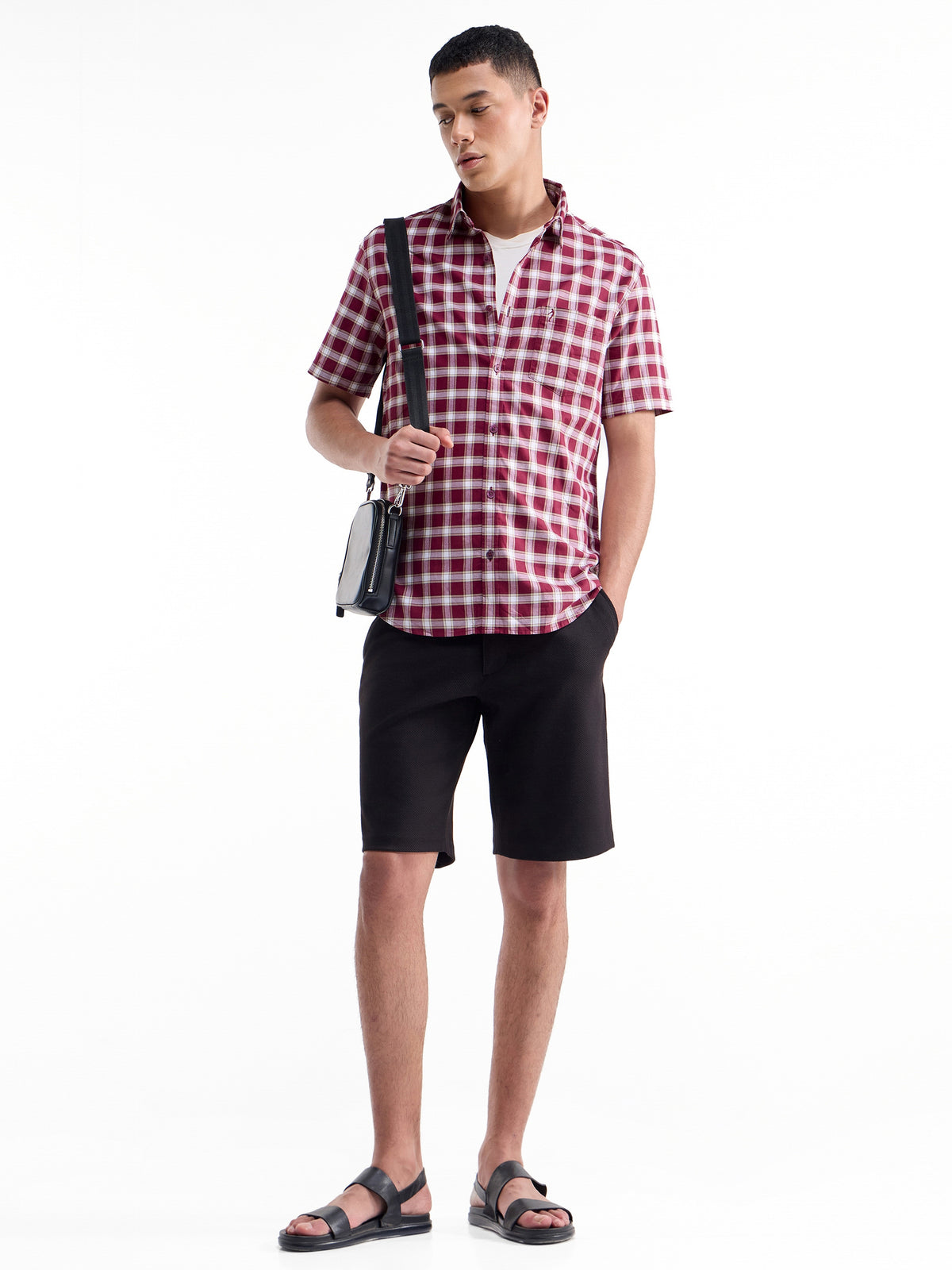 Check Half Sleeve Cotton Shirt - Maroon t4option_0