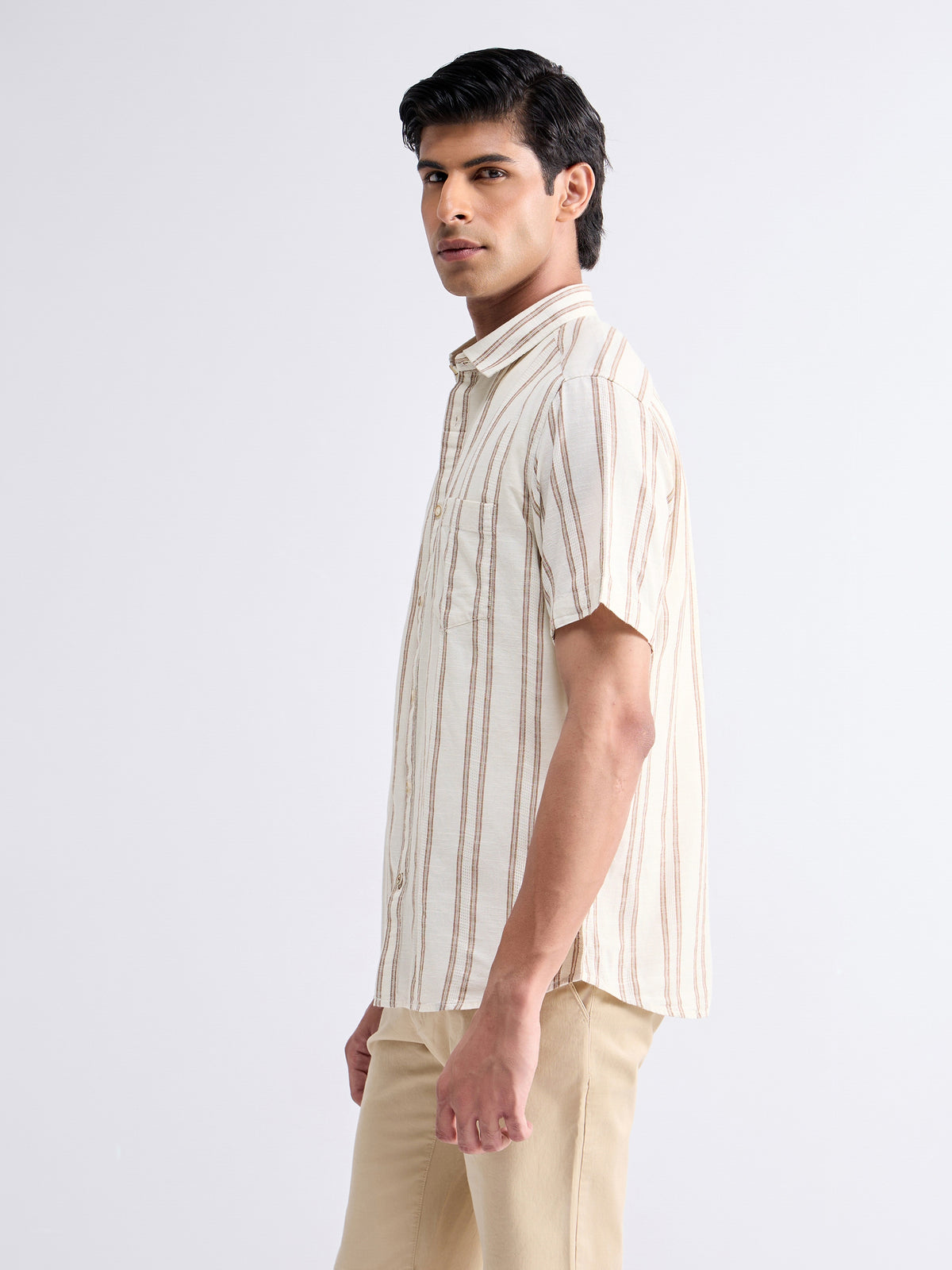 Striped Half Sleeve Cotton Shirt - Beige t4option_0