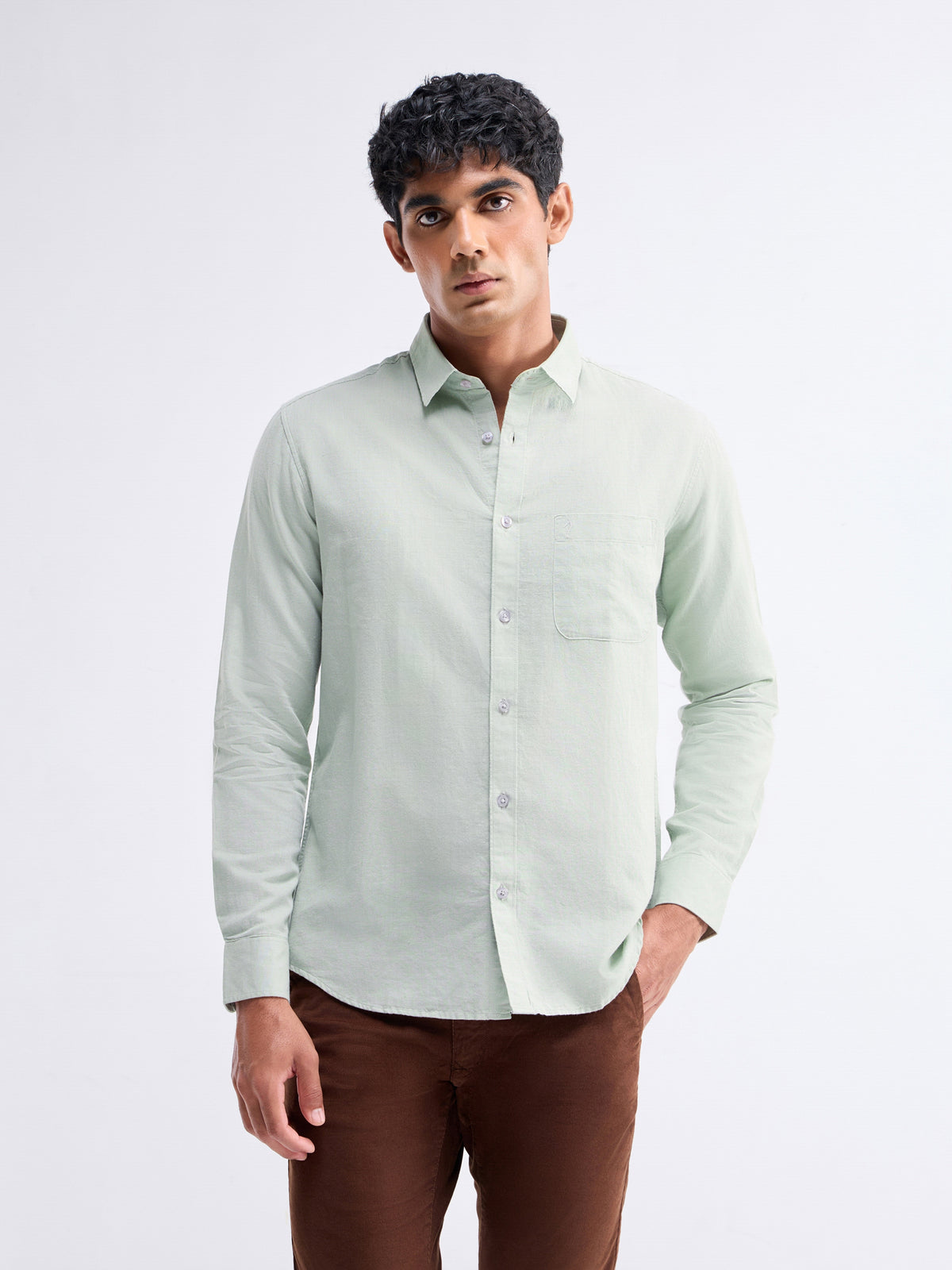 Solid Full Sleeve Cotton Blend Shirt - Slate t4option_0