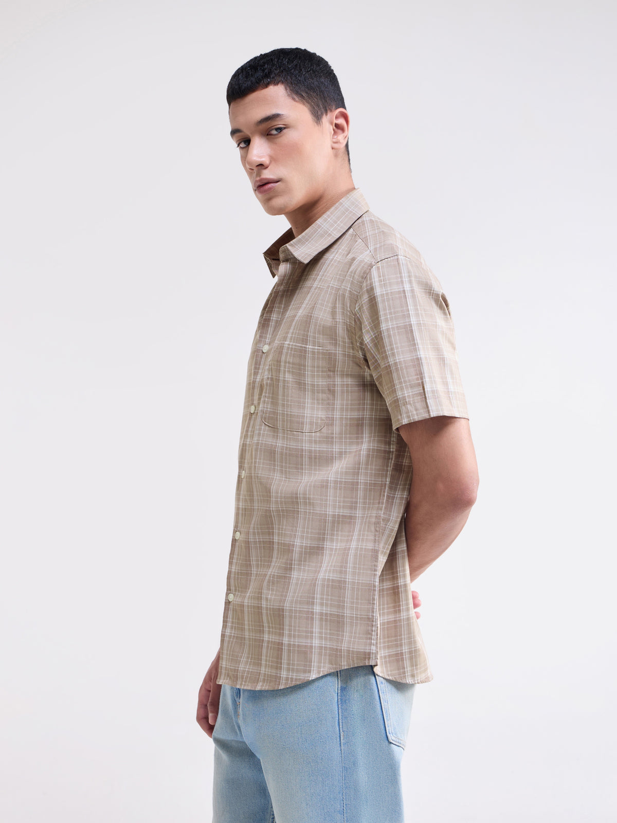 Check Half Sleeve Cotton Shirt - Khaki Mel t4option_0