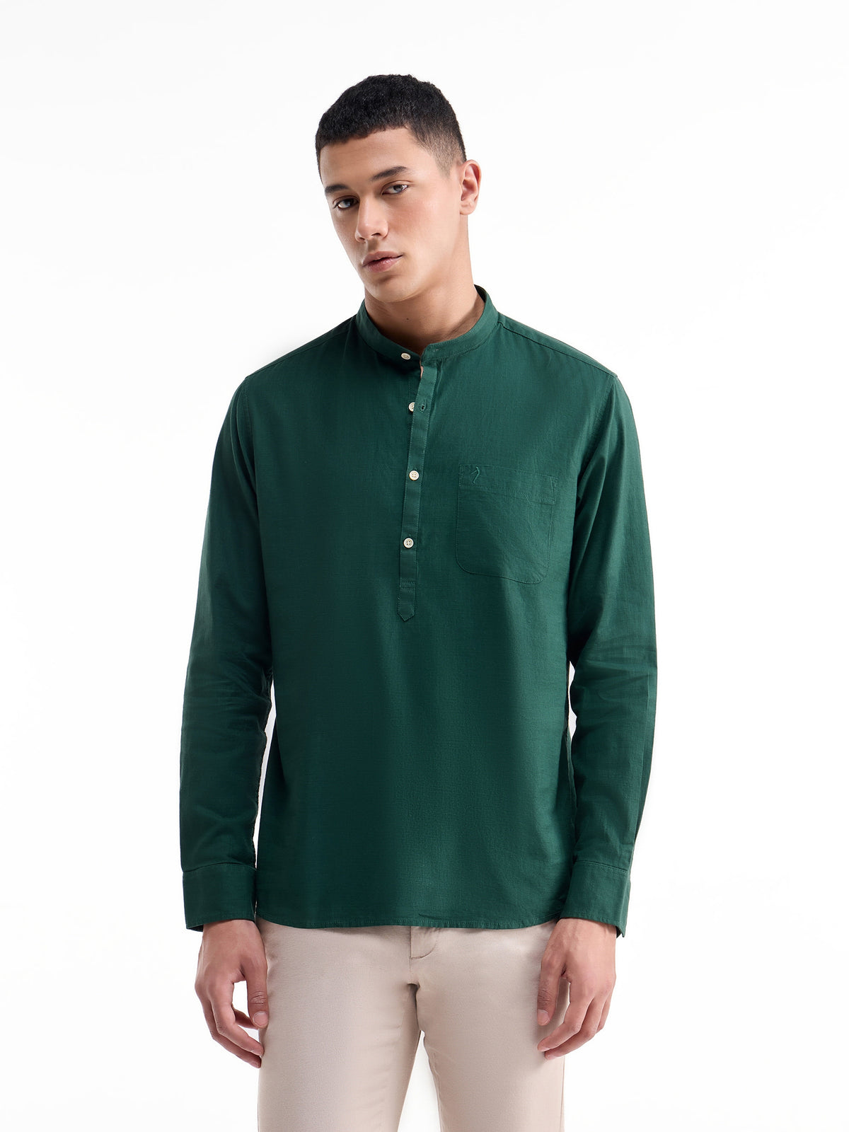 Solid Full Sleeve Cotton Shirt - Green t4option_2