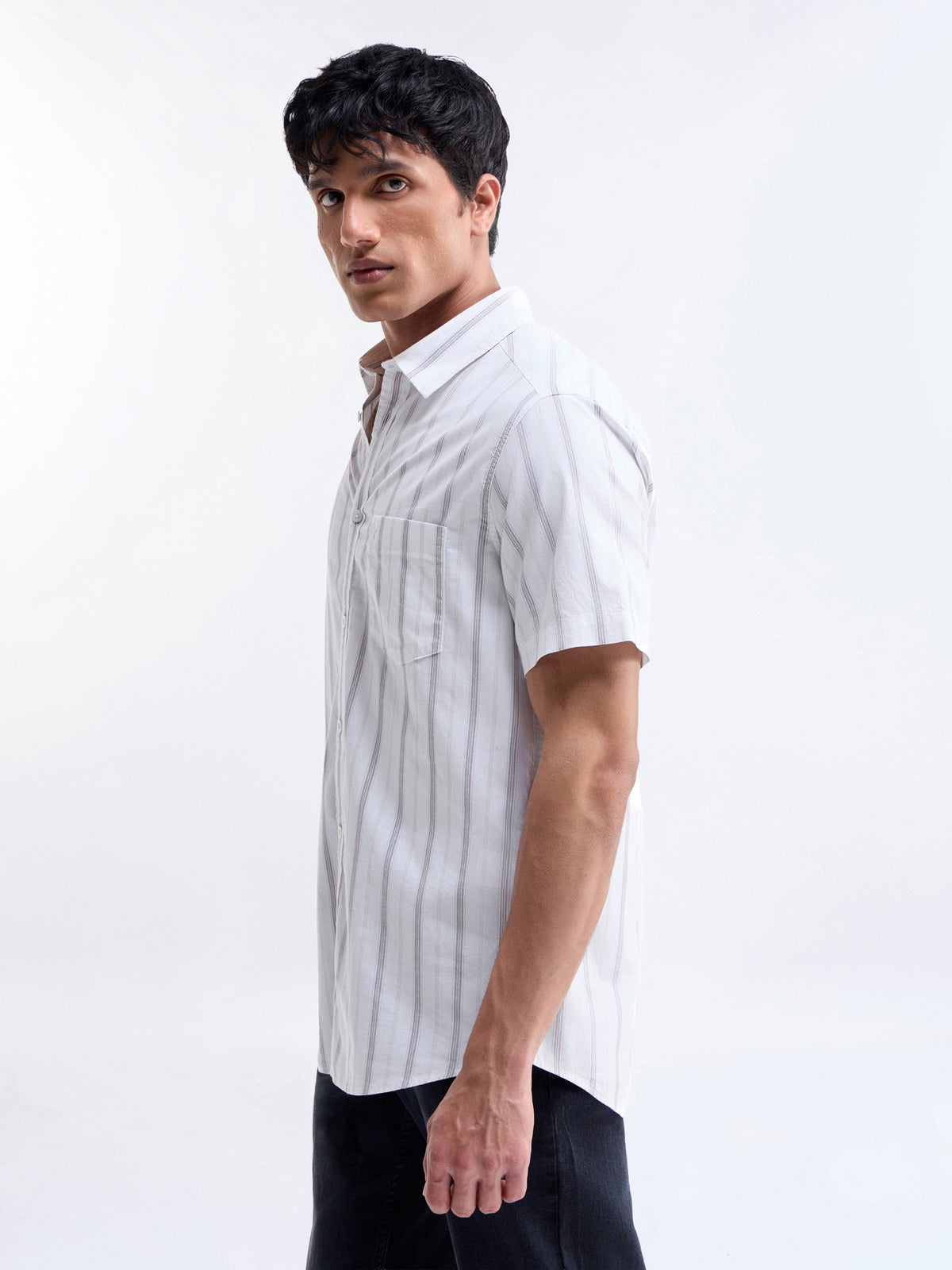 Striped Half Sleeve Cotton Shirt - Khaki t4option_0