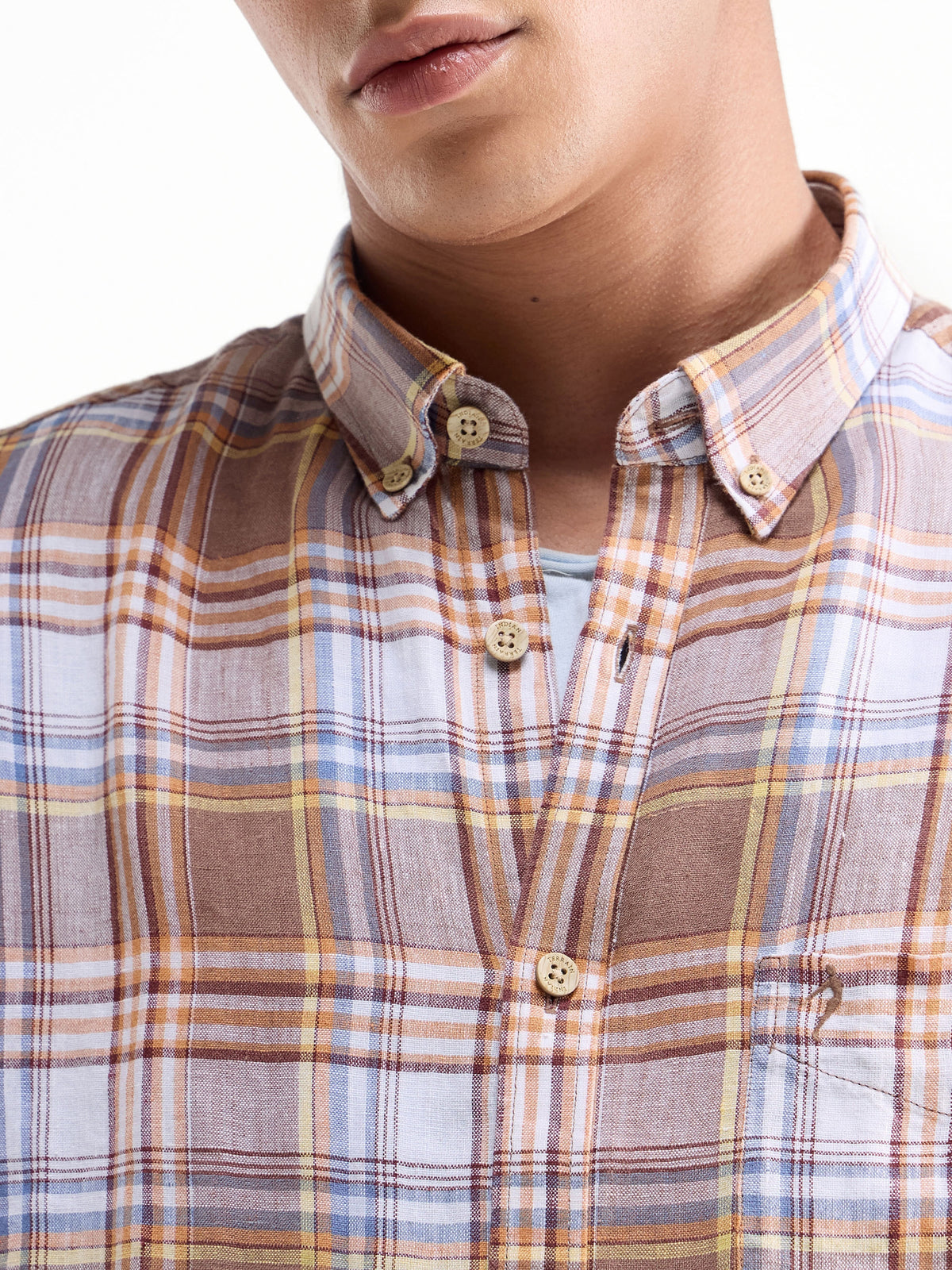 Check Half Sleeve Linen Shirt - Brown t4option_0