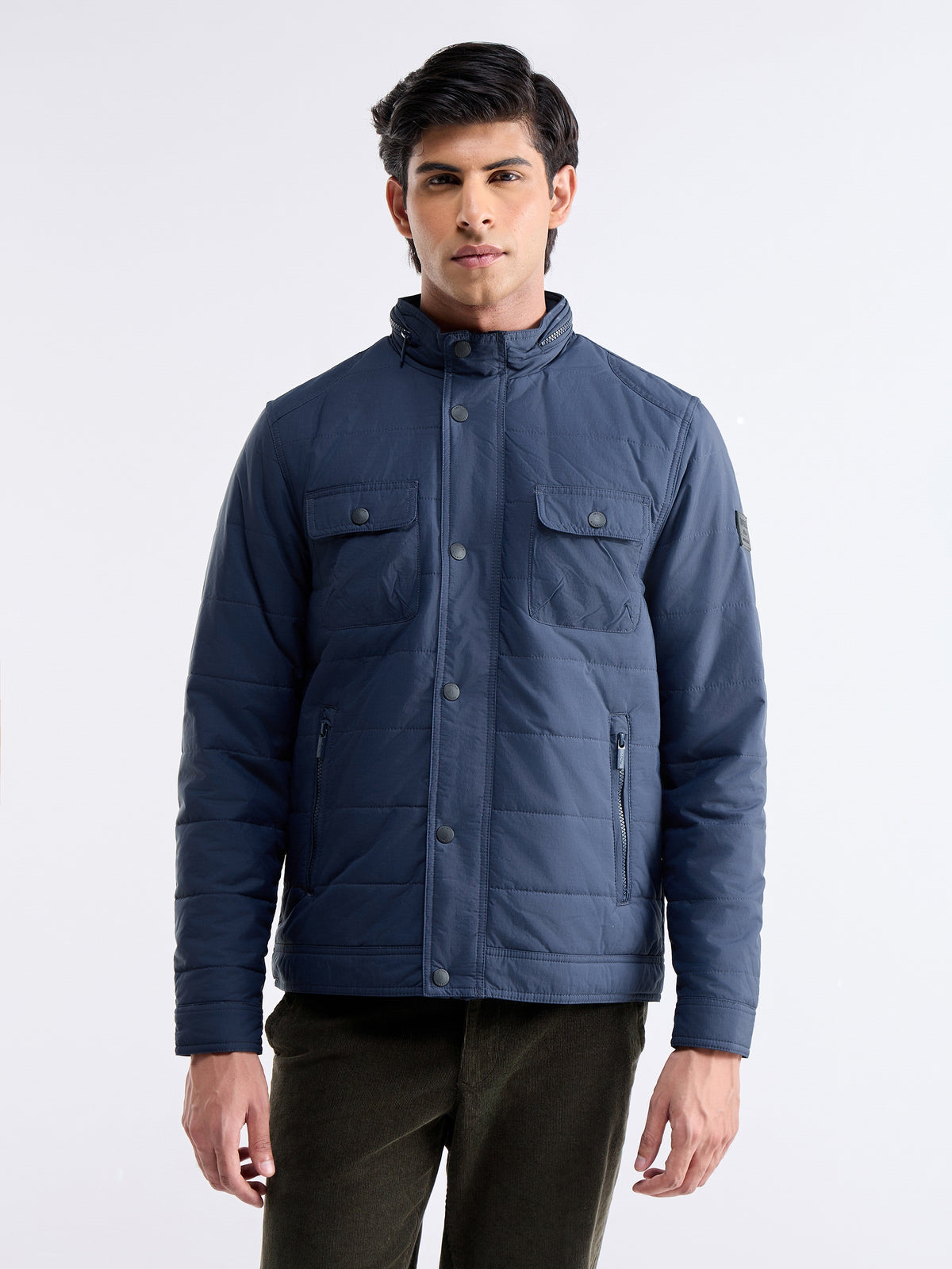 Solid Full Sleeve Bomber Jacket - Navy t4option_0