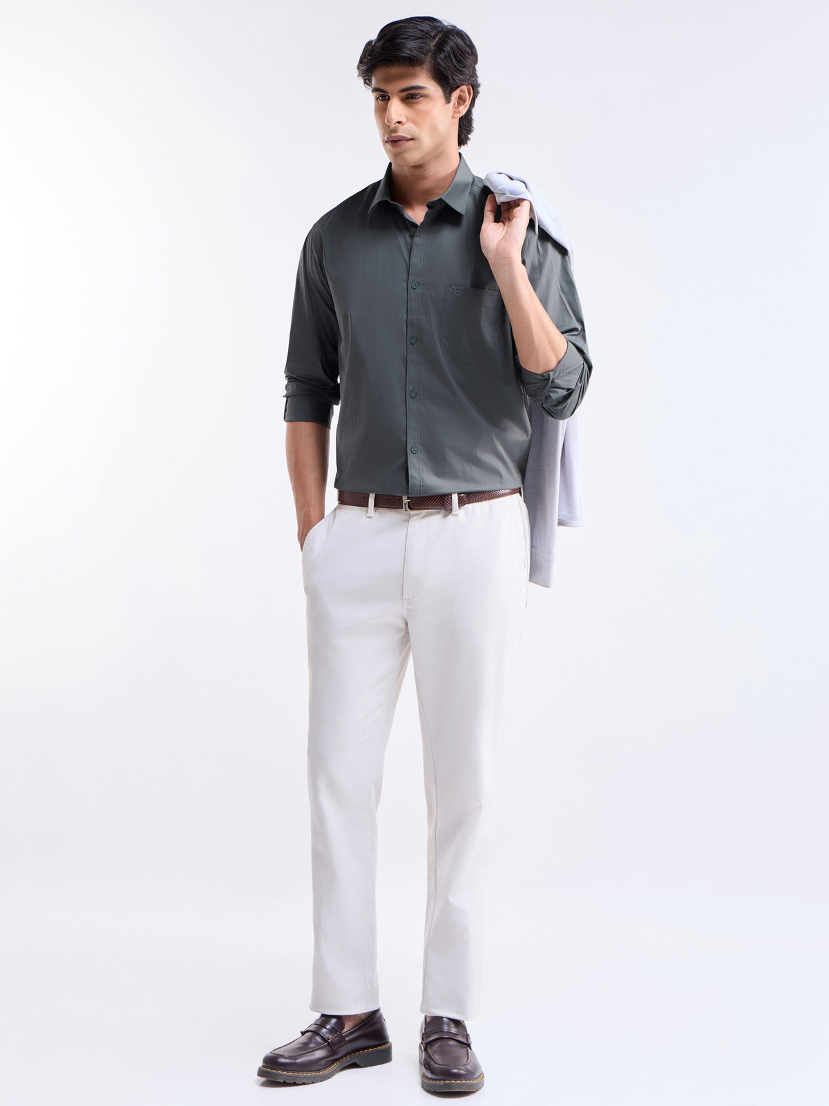 Solid Full Sleeve Cotton Stretch Shirt - Dark Grey t4option_3
