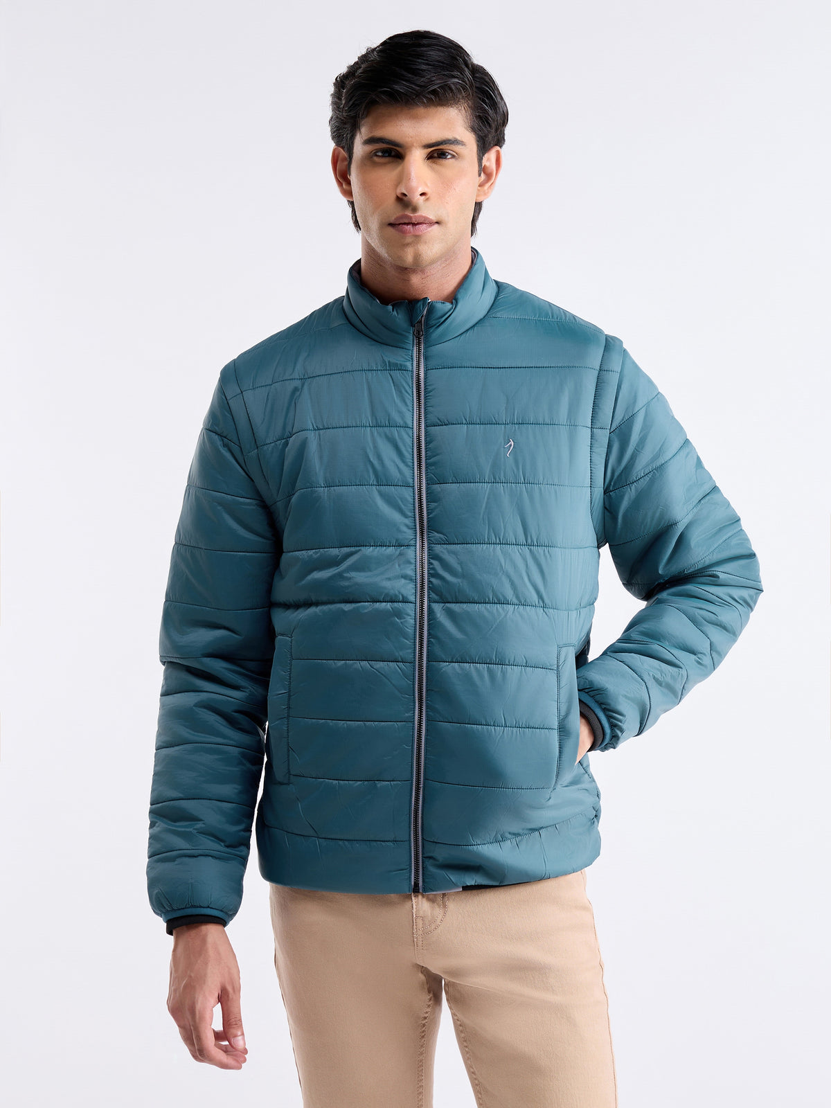 Solid Full Sleeve Bomber Jacket - Teal t4option_1