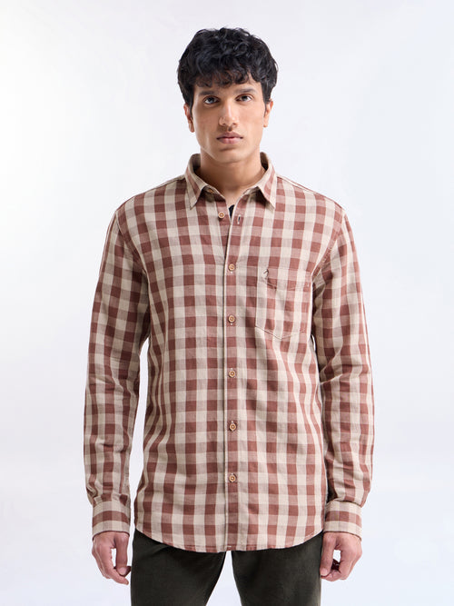 Check Full Sleeve Cotton Linen Shirt - Brown t4option_0