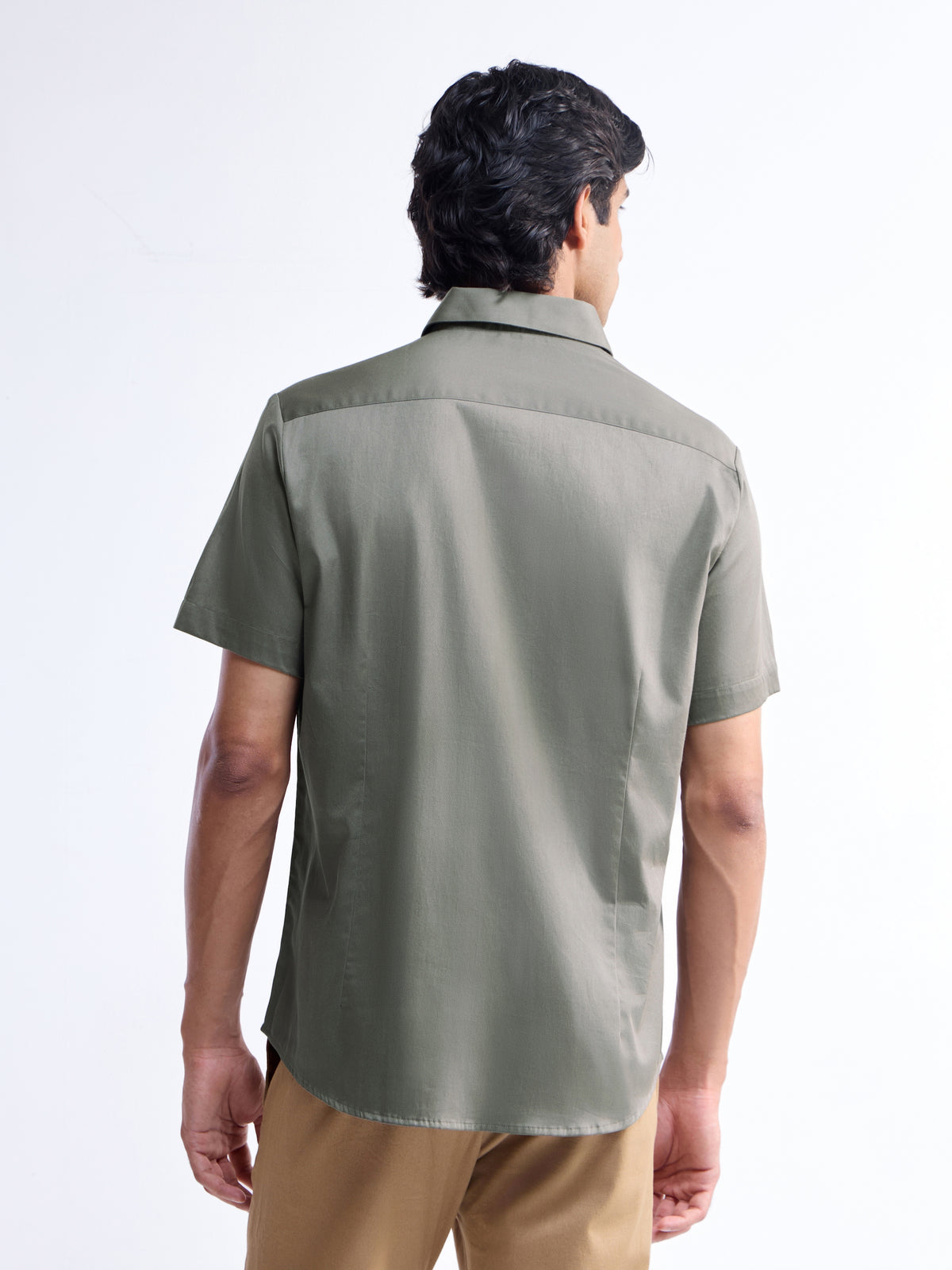 Solid Half Sleeve Cotton Stretch Shirt - Olive t4option_4