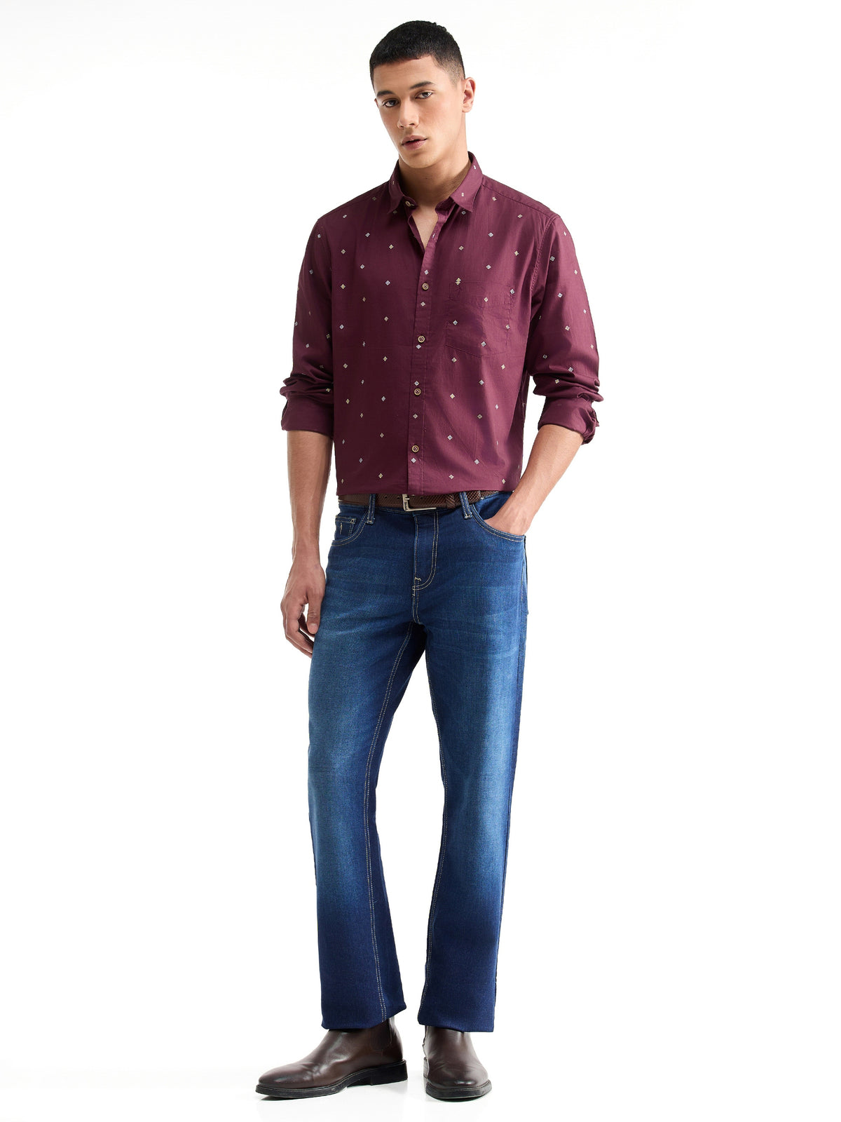Printed Full Sleeve Cotton Shirt - Maroon t4option_0