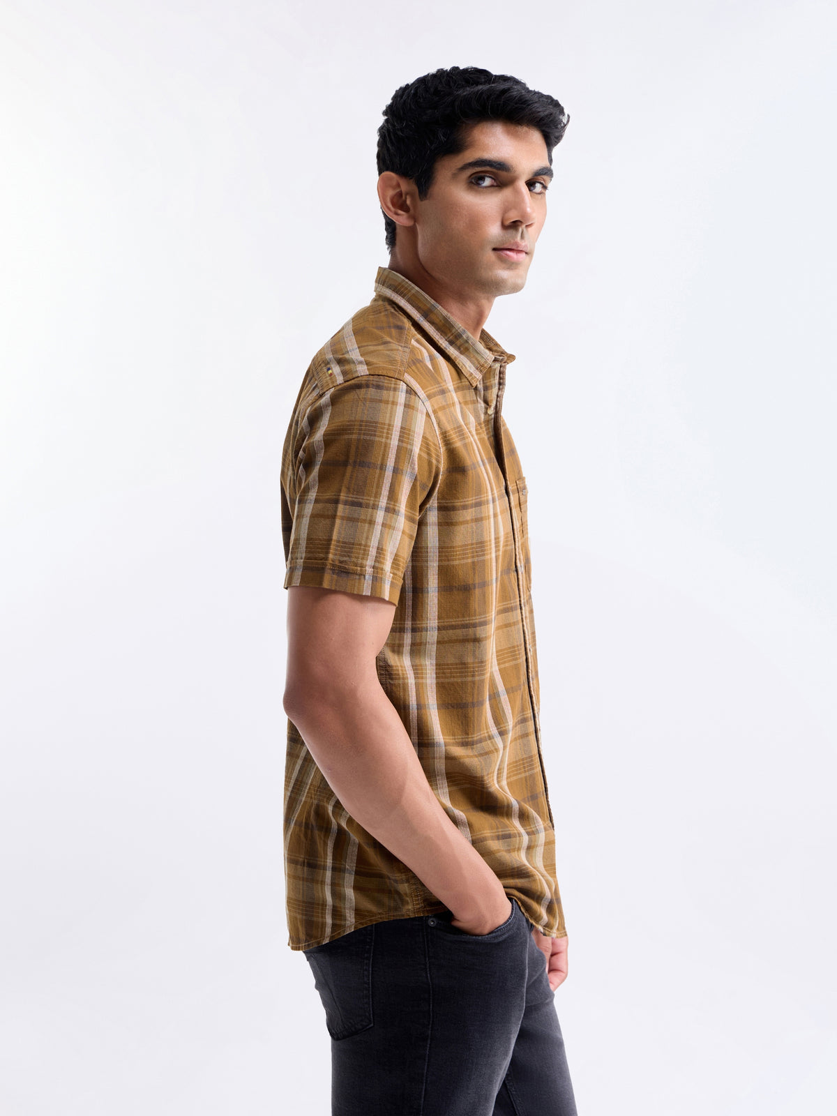 Check Half Sleeve Cotton Shirt - Amber t4option_0