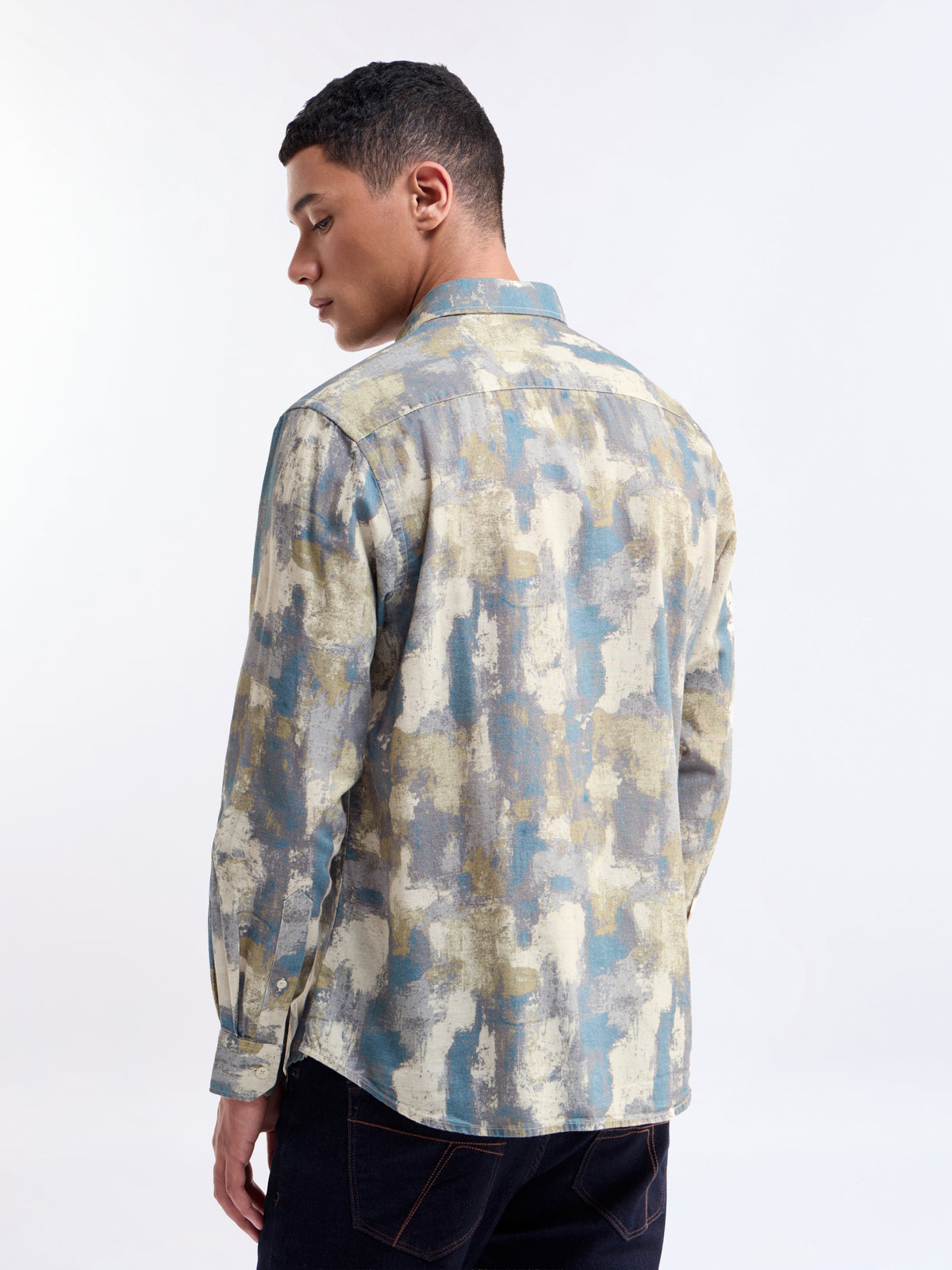 Printed Full Sleeve Cotton Linen Shirt - Olive t4option_0