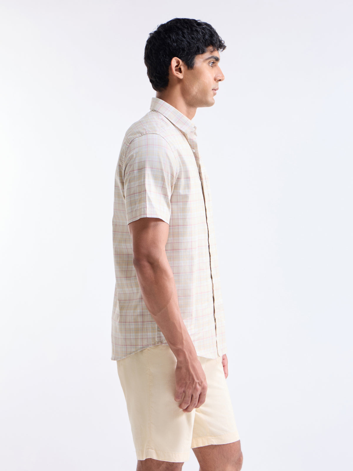 Check Half Sleeve Cotton Shirt - Khaki t4option_0